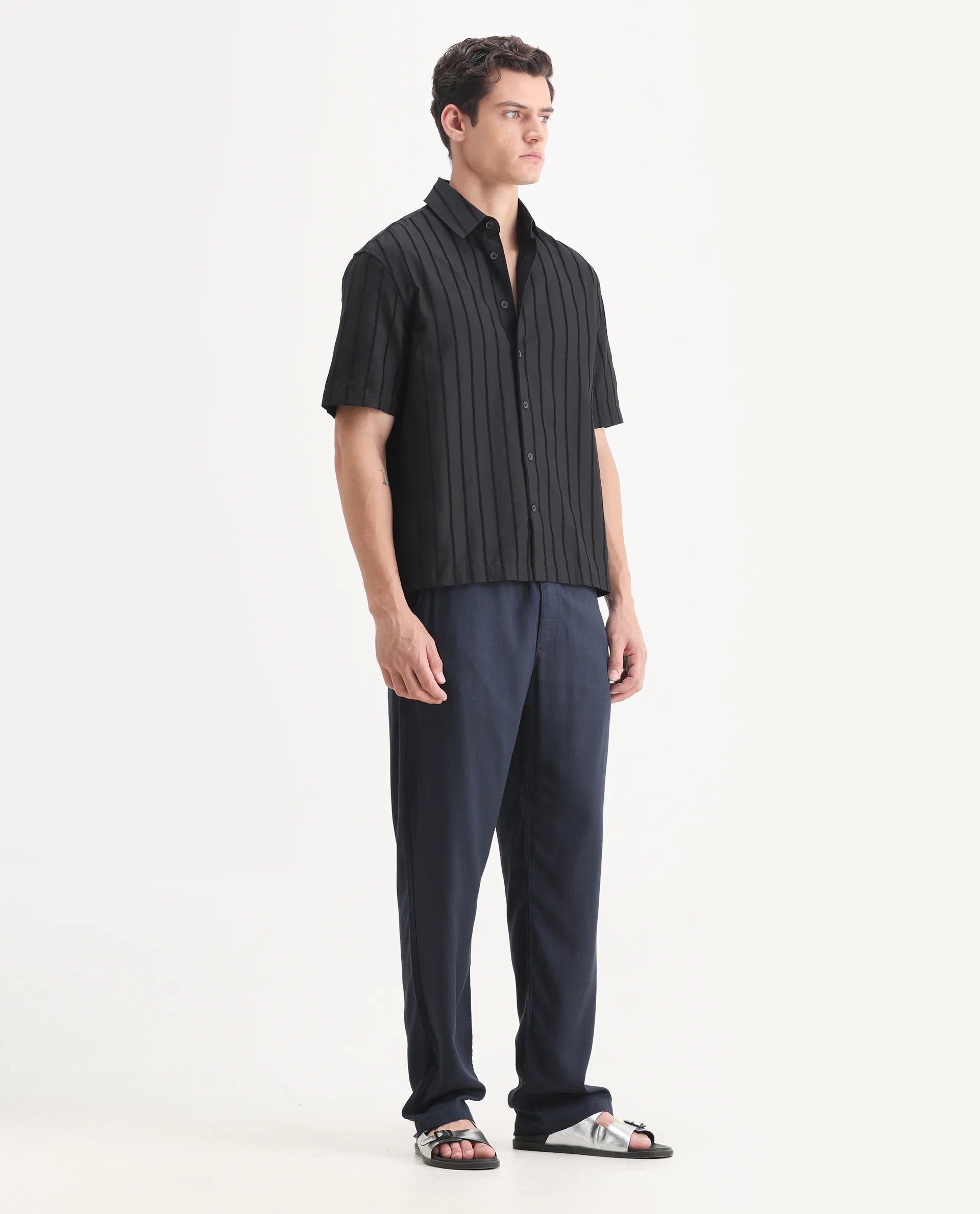 Rare Rabbit Men's Coft-B Navy Linen Blend Plain Loose Fit Trouser