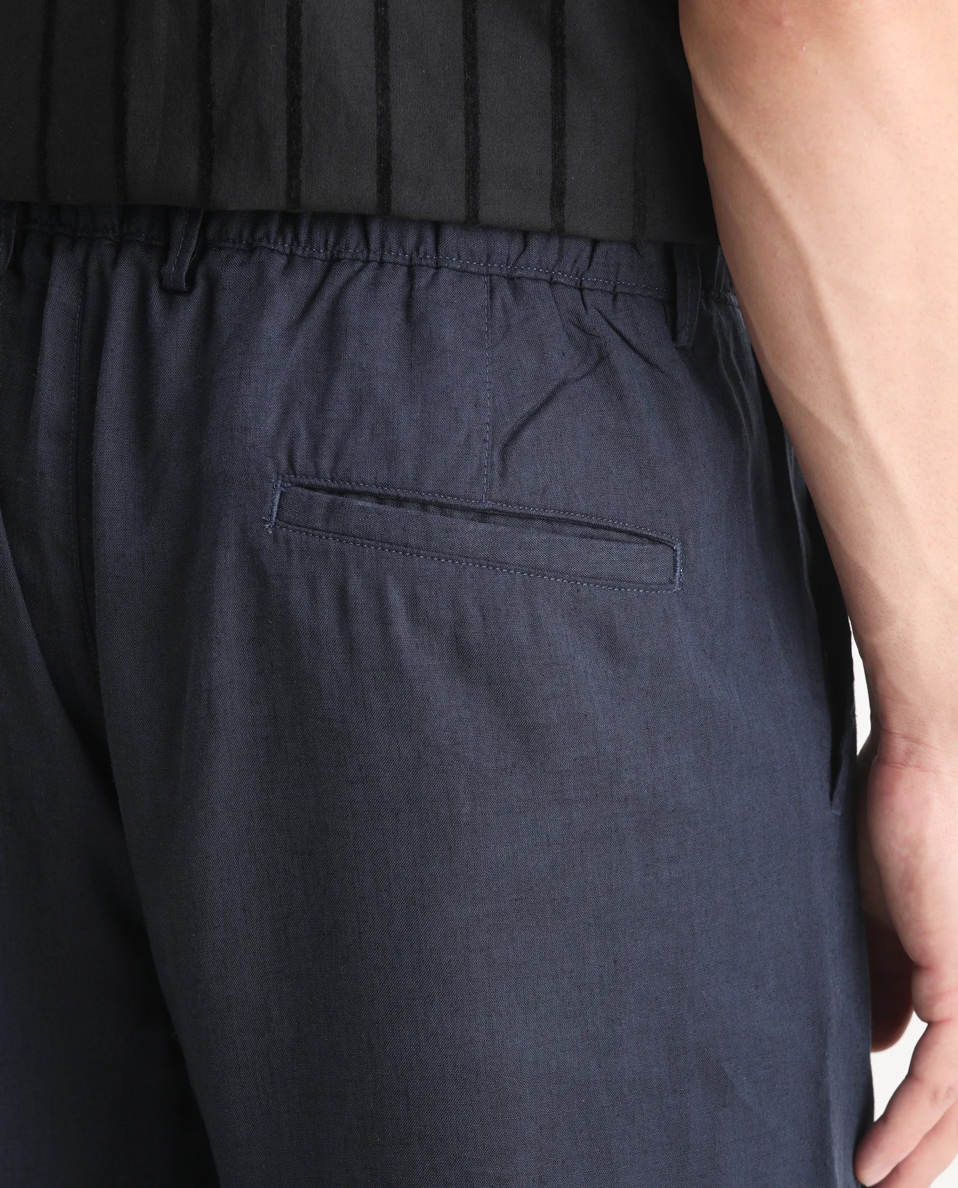 Rare Rabbit Men's Coft-B Navy Linen Blend Plain Loose Fit Trouser