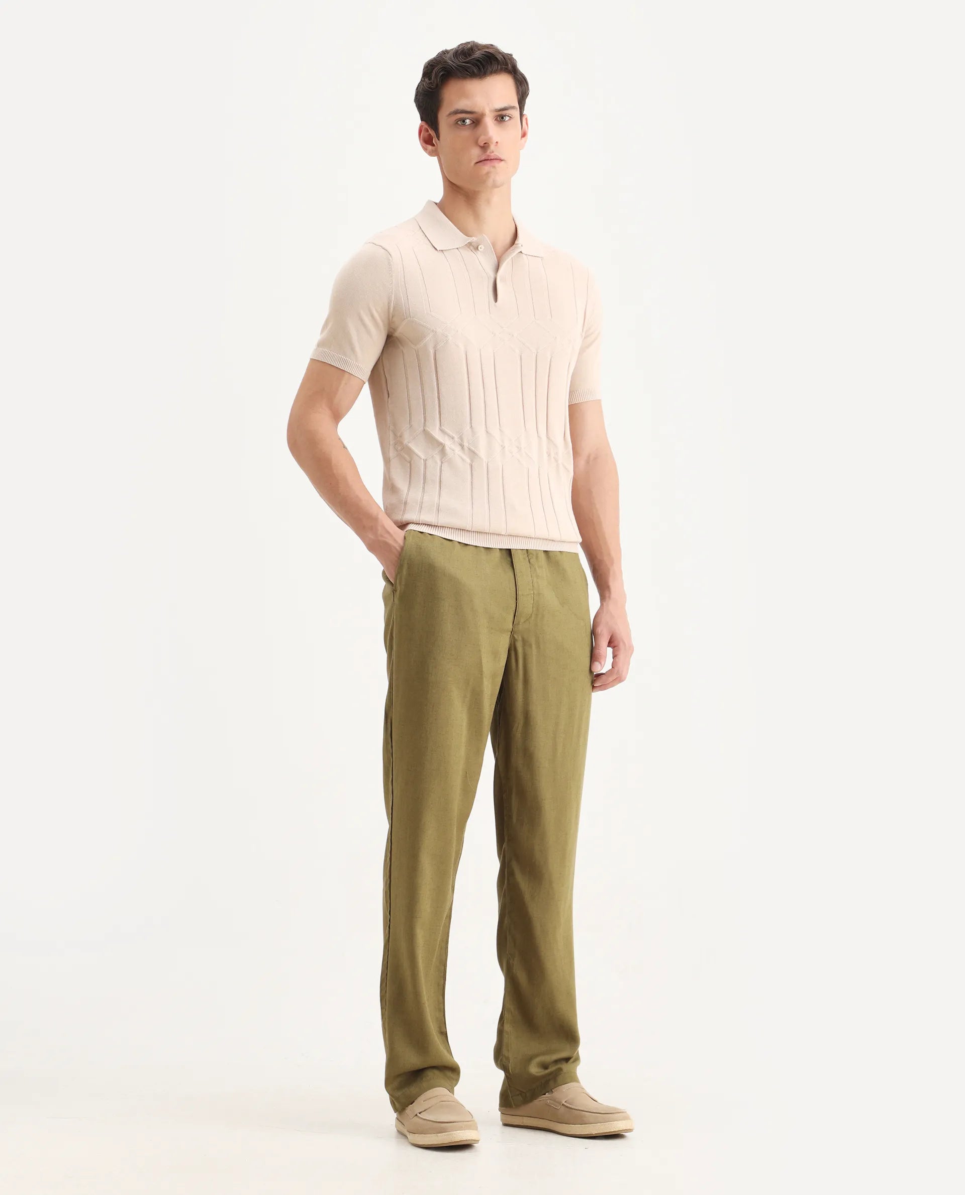 Rare Rabbit Men's Coft-B Olive Linen Blend Plain Loose Fit Trouser