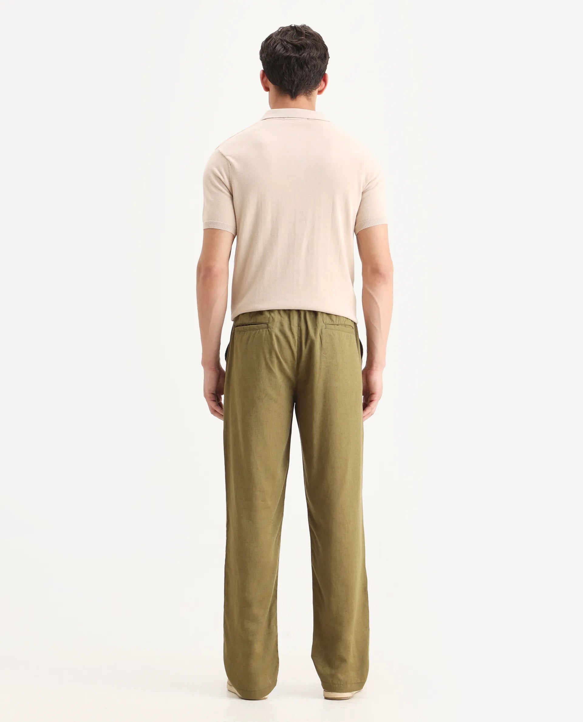 Rare Rabbit Men's Coft-B Olive Linen Blend Plain Loose Fit Trouser