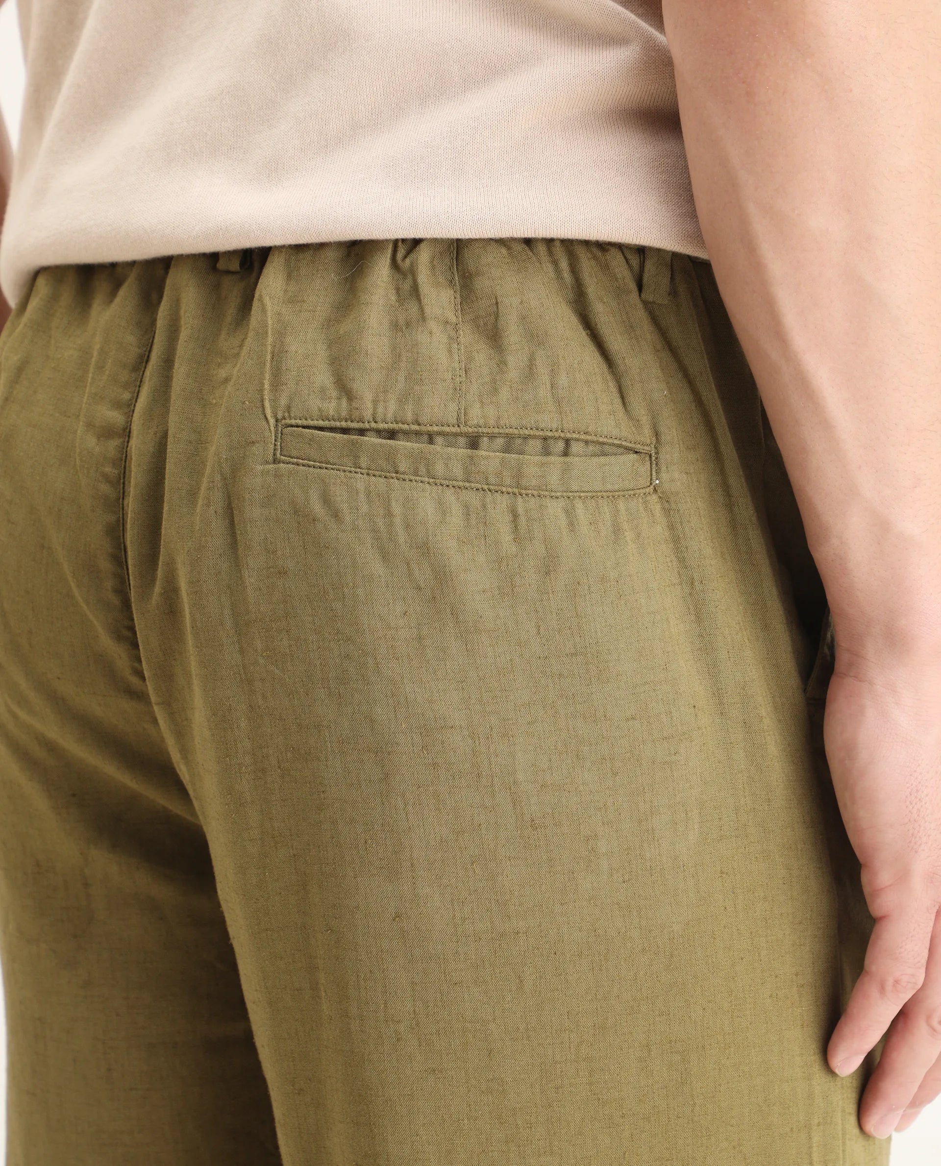 Rare Rabbit Men's Coft-B Olive Linen Blend Plain Loose Fit Trouser
