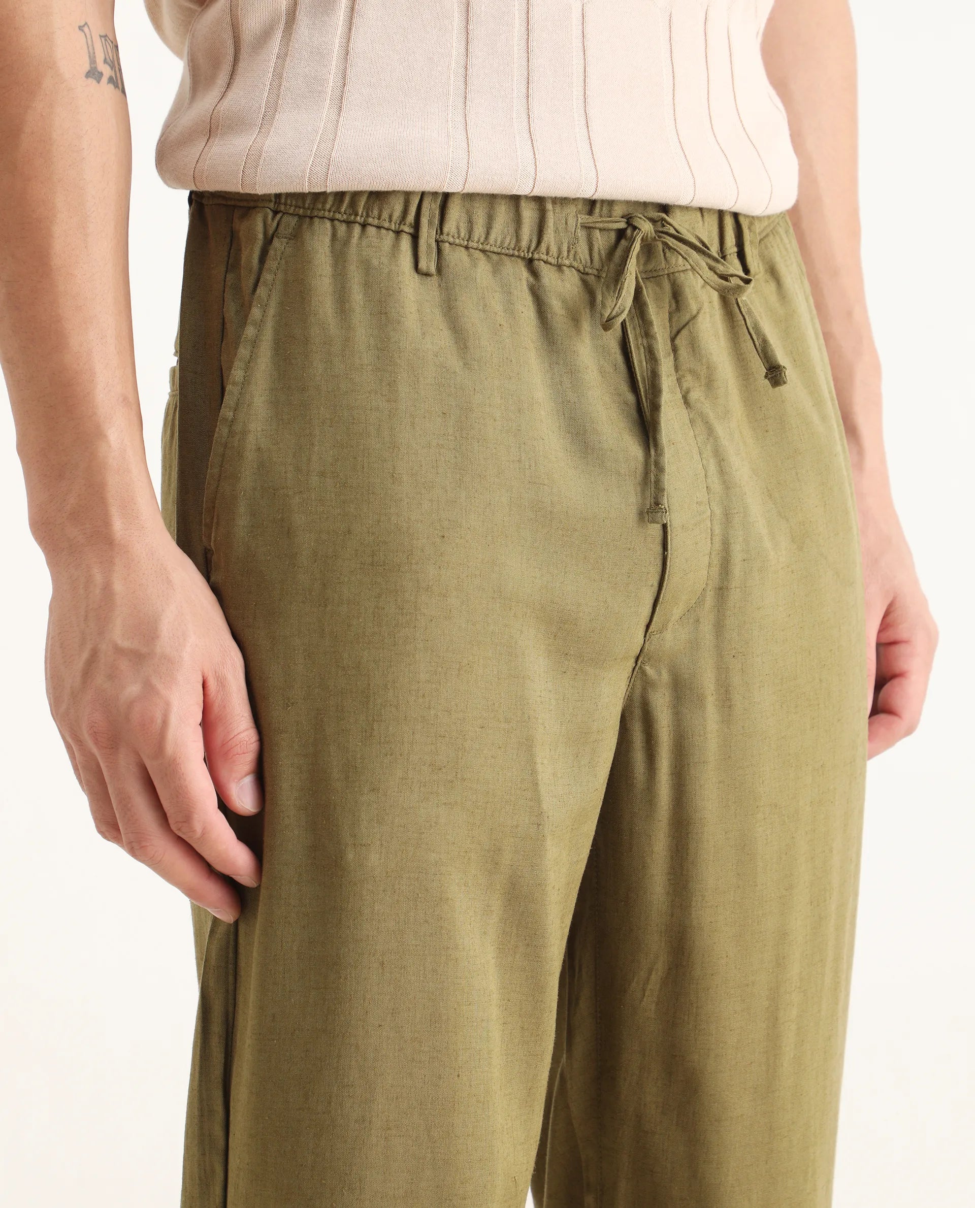 Rare Rabbit Men's Coft-B Olive Linen Blend Plain Loose Fit Trouser
