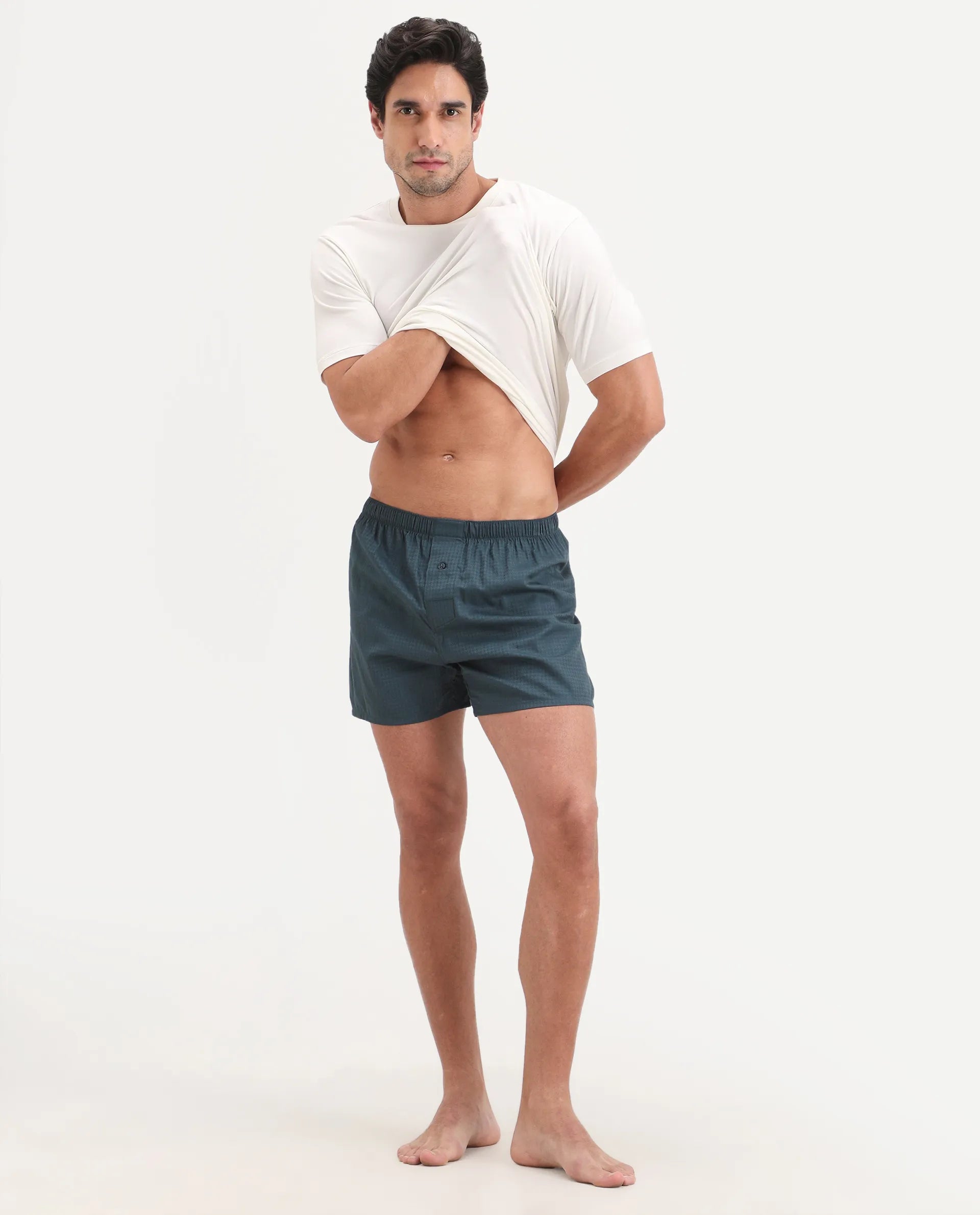 Rare Rabbit Men's Kiva Dark Teal Linen Blend Regular Fit Checks Boxer