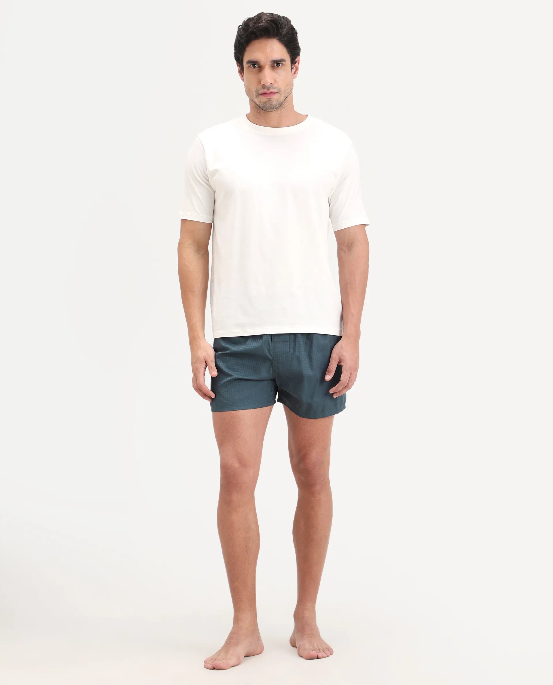 Rare Rabbit Men's Kiva Dark Teal Linen Blend Regular Fit Checks Boxer