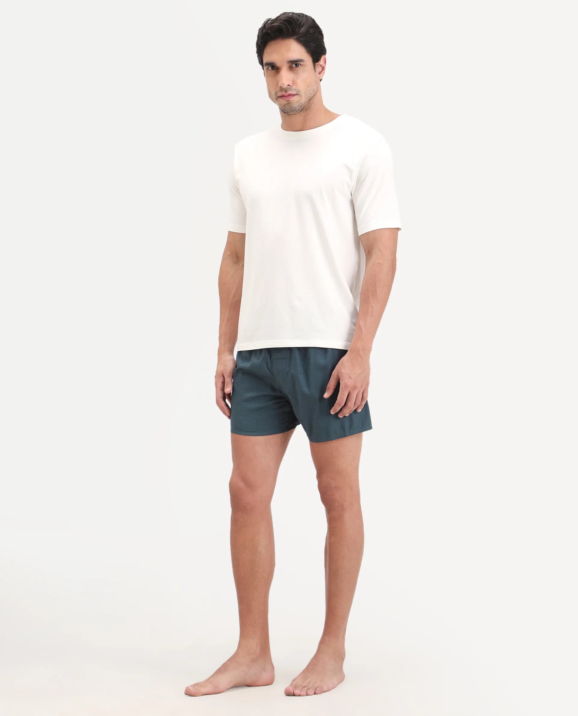 Rare Rabbit Men's Kiva Dark Teal Linen Blend Regular Fit Checks Boxer