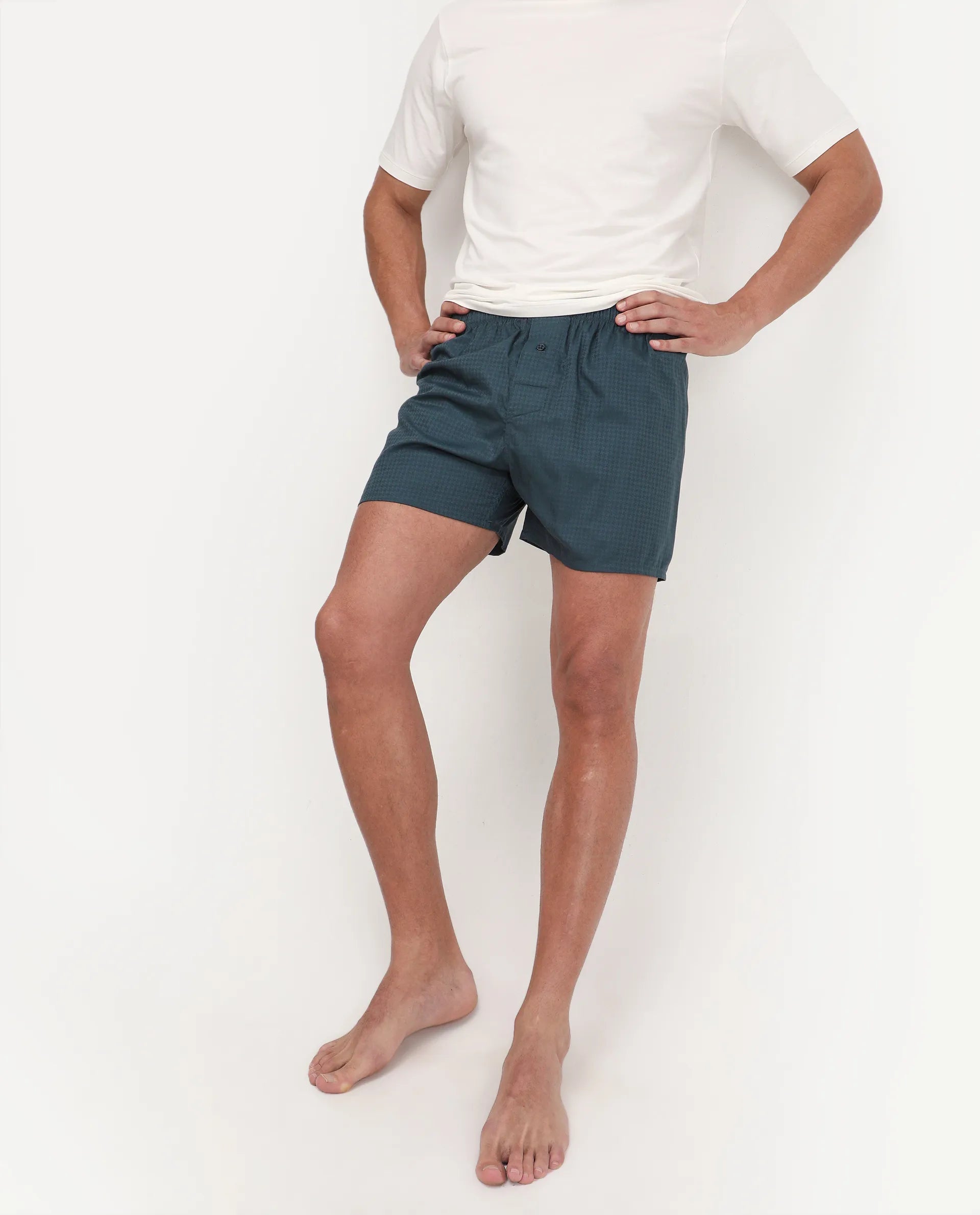 Rare Rabbit Men's Kiva Dark Teal Linen Blend Regular Fit Checks Boxer