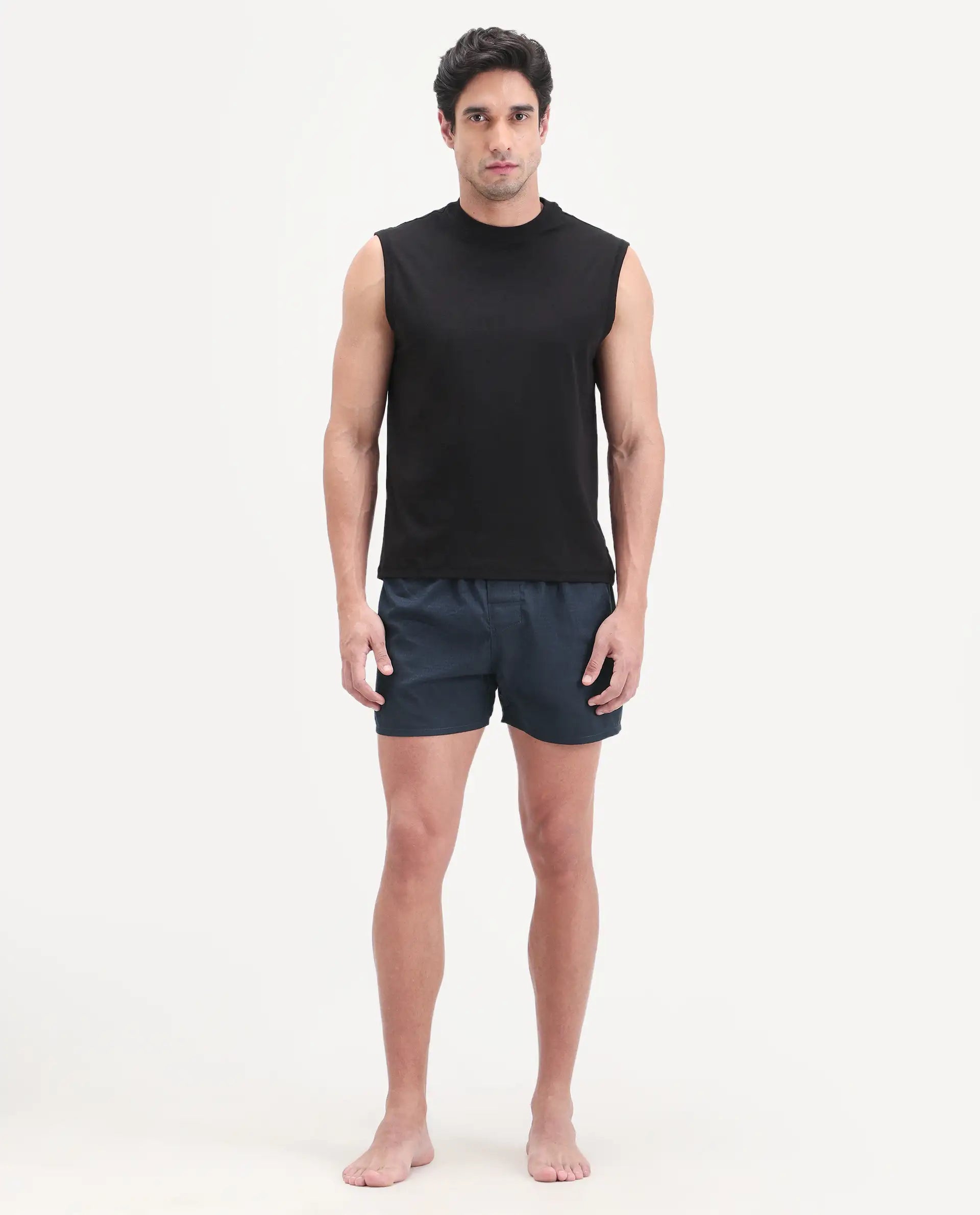 Rare Rabbit Men's Kiva Dark Navy Linen Blend Regular Fit Checks Boxer