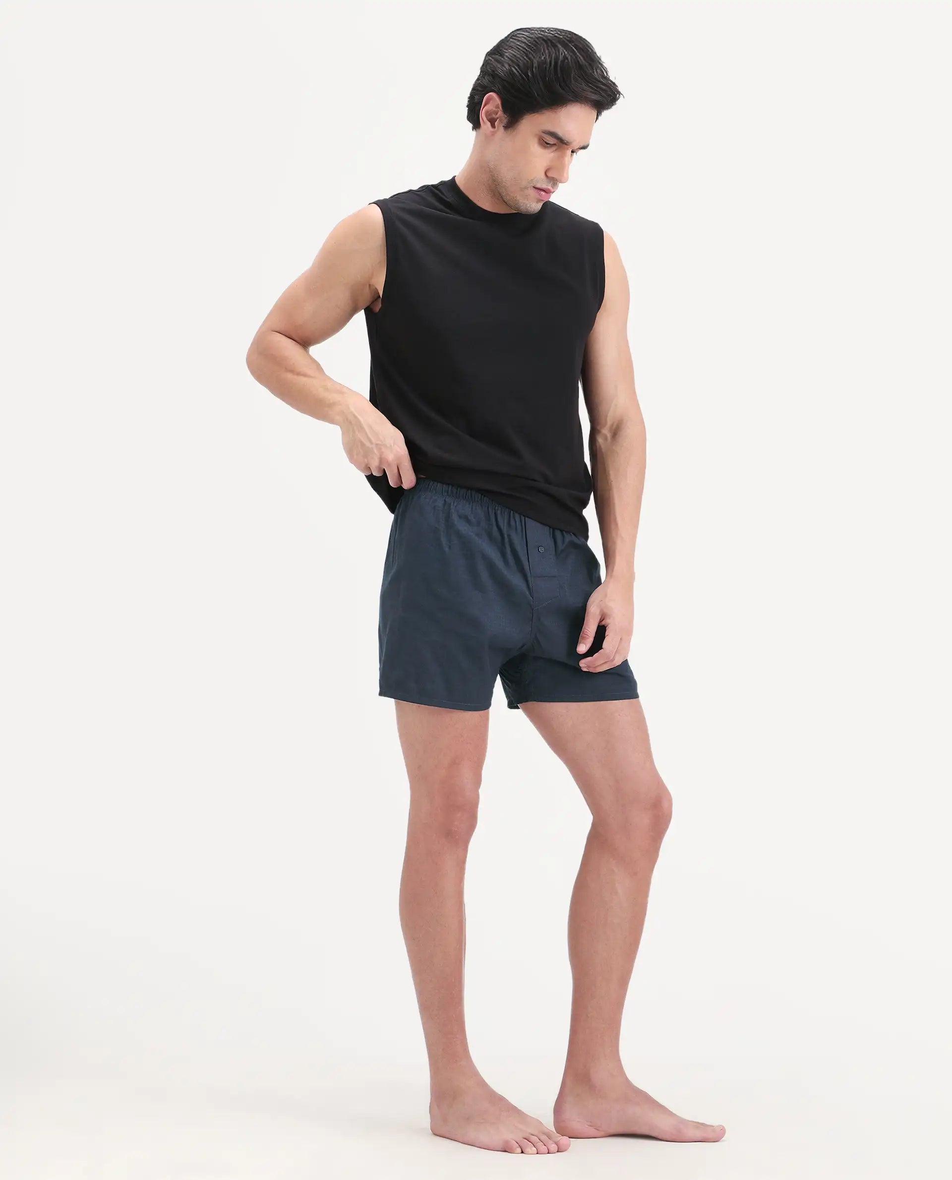 Rare Rabbit Men's Kiva Dark Navy Linen Blend Regular Fit Checks Boxer