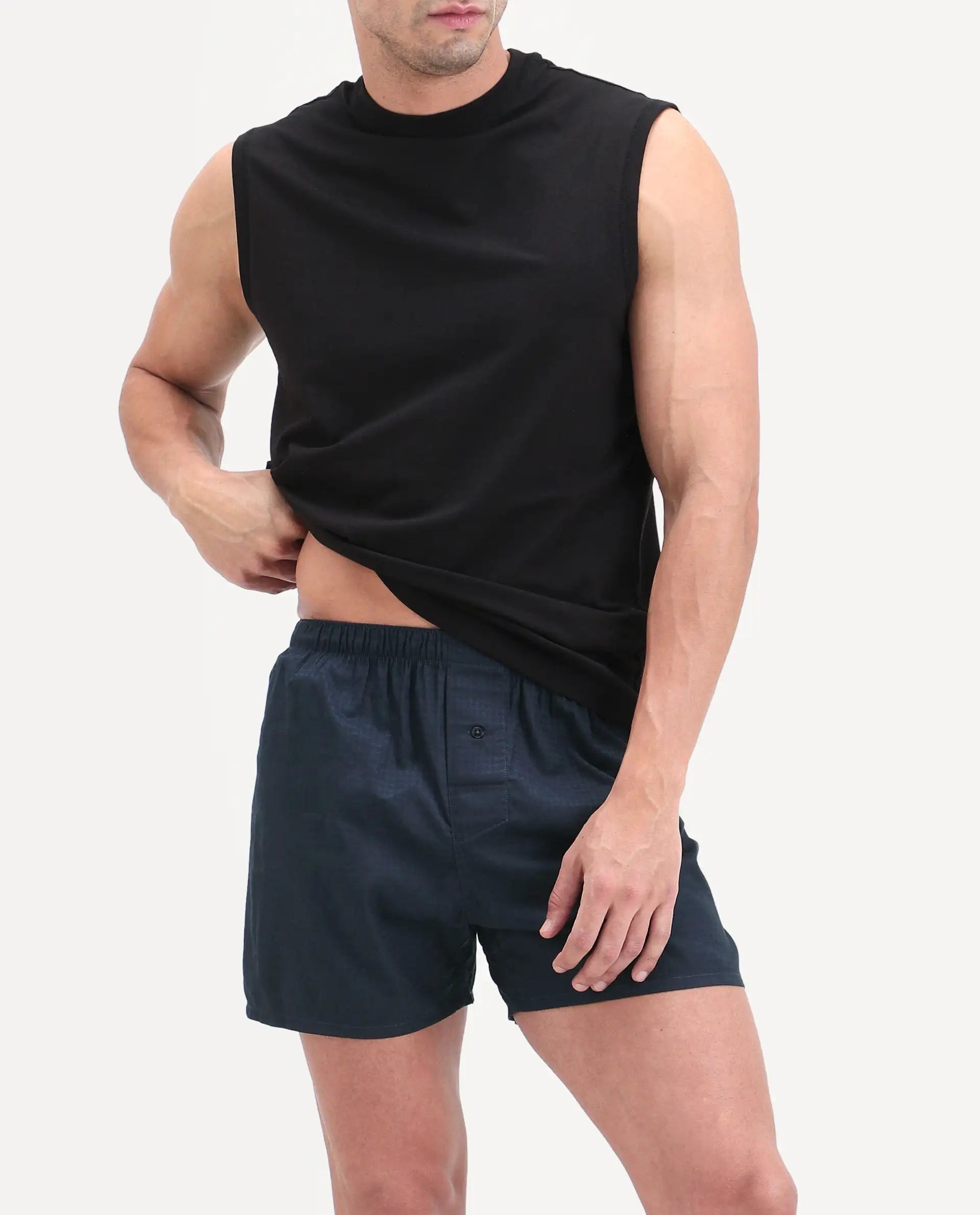 Rare Rabbit Men's Kiva Dark Navy Linen Blend Regular Fit Checks Boxer