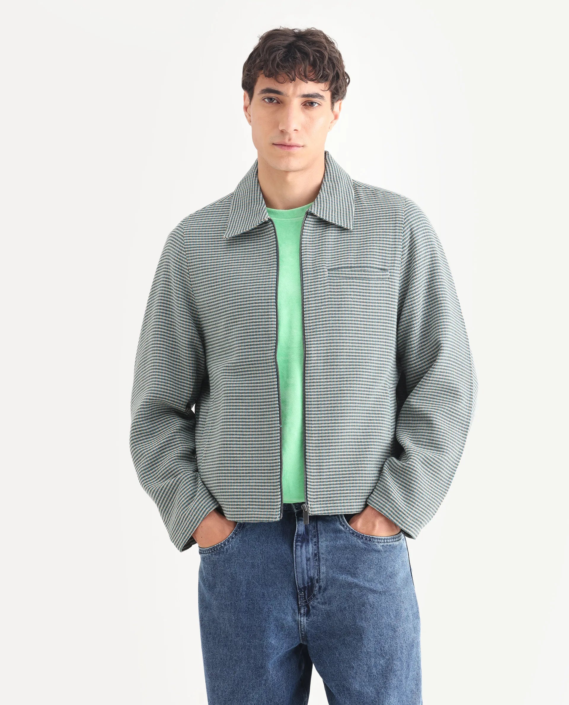 Rare Rabbit Men's Pexrul Teal Cotton Checked Print Relaxed Fit Full Sleeve Spread Collar Jacket