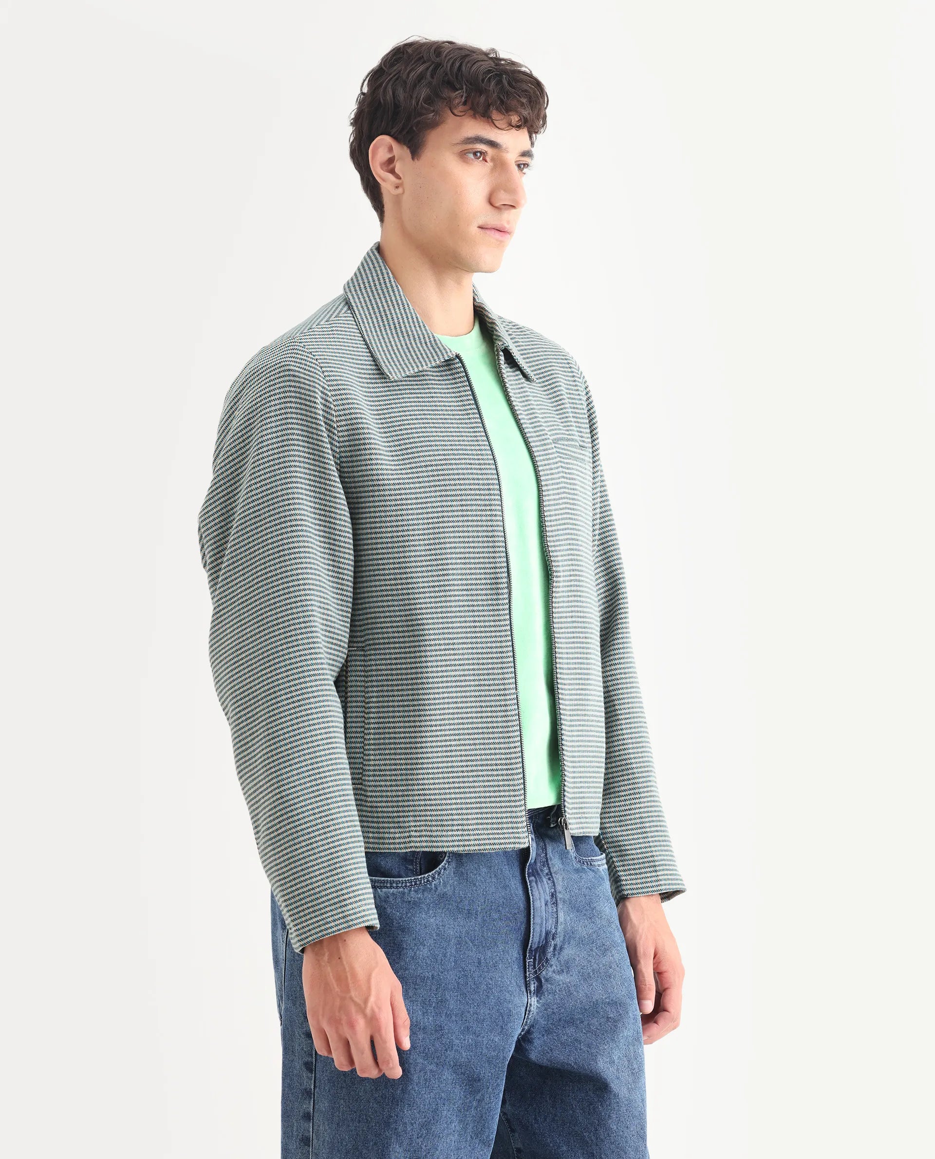 Rare Rabbit Men's Pexrul Teal Cotton Checked Print Relaxed Fit Full Sleeve Spread Collar Jacket