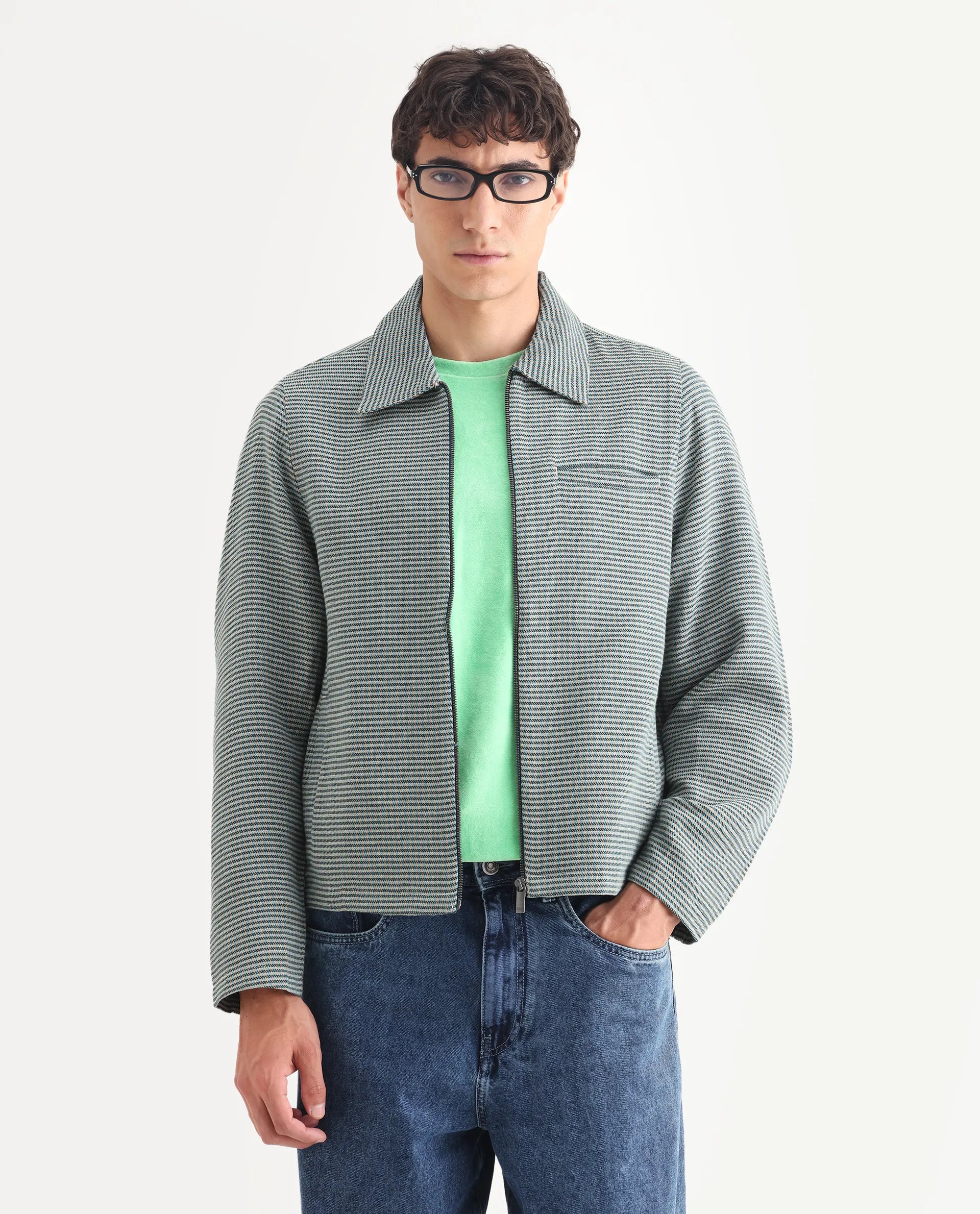 Rare Rabbit Men's Pexrul Teal Cotton Checked Print Relaxed Fit Full Sleeve Spread Collar Jacket