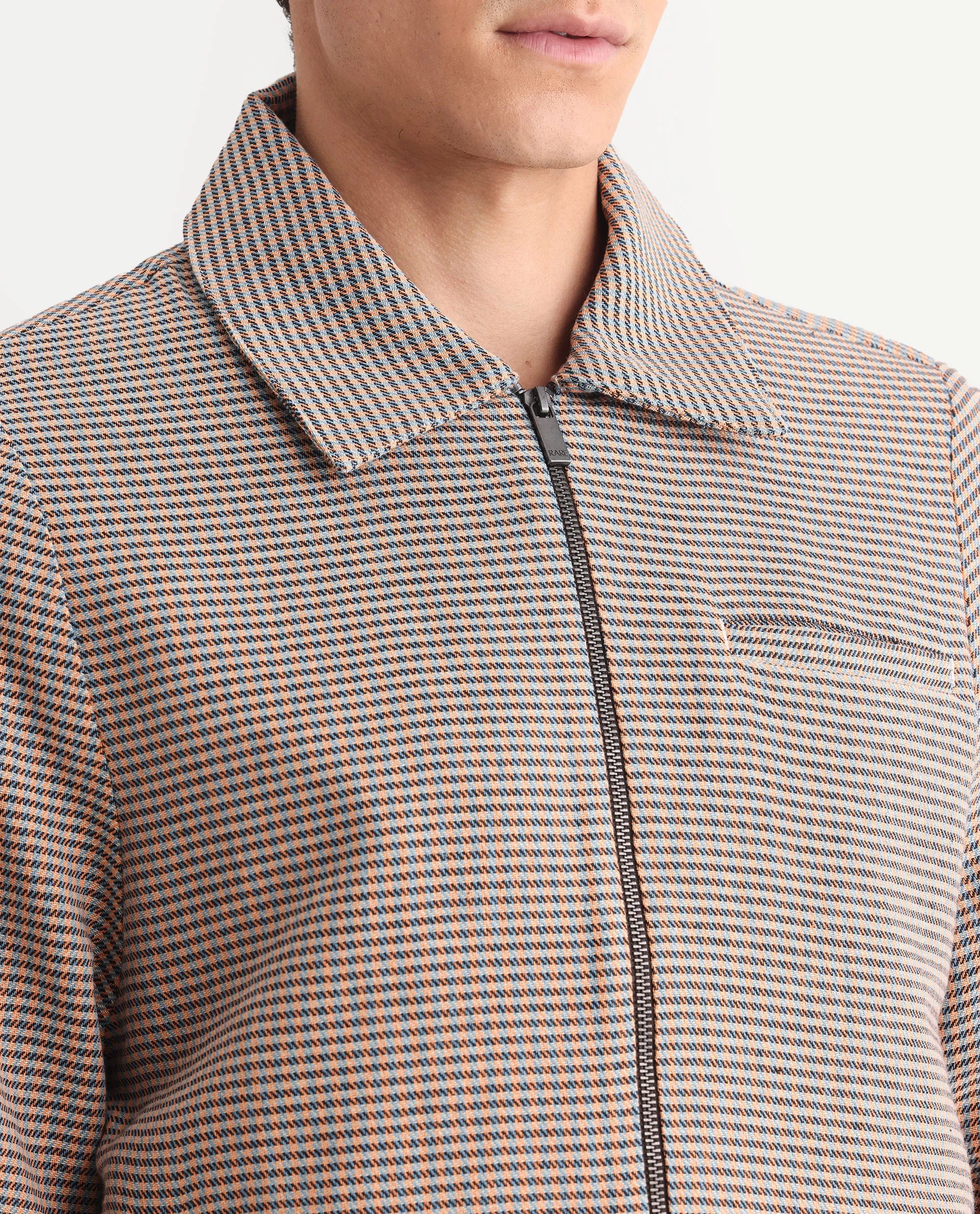 Rare Rabbit Men's Pexrul Rust Cotton Checked Print Relaxed Fit Full Sleeve Spread Collar Jacket