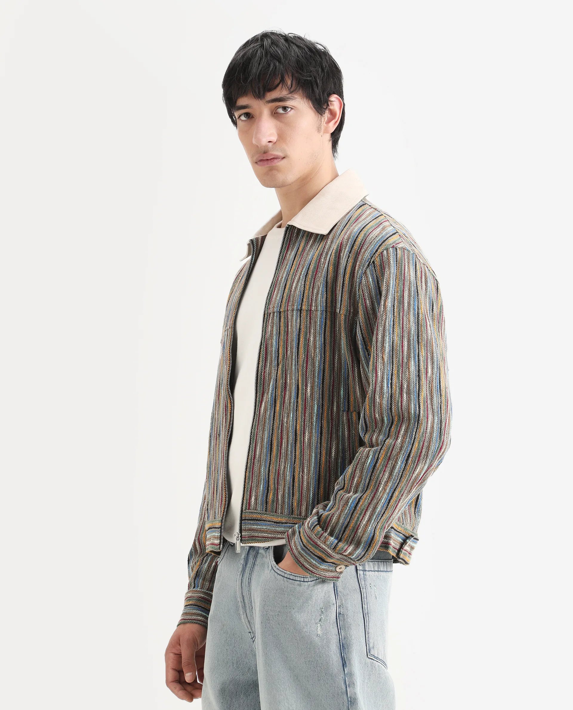 Rare Rabbit Men's Pelden J Light Brown Viscose Blend Striped Print Boxy Fit Full Sleeve Collared Shacket