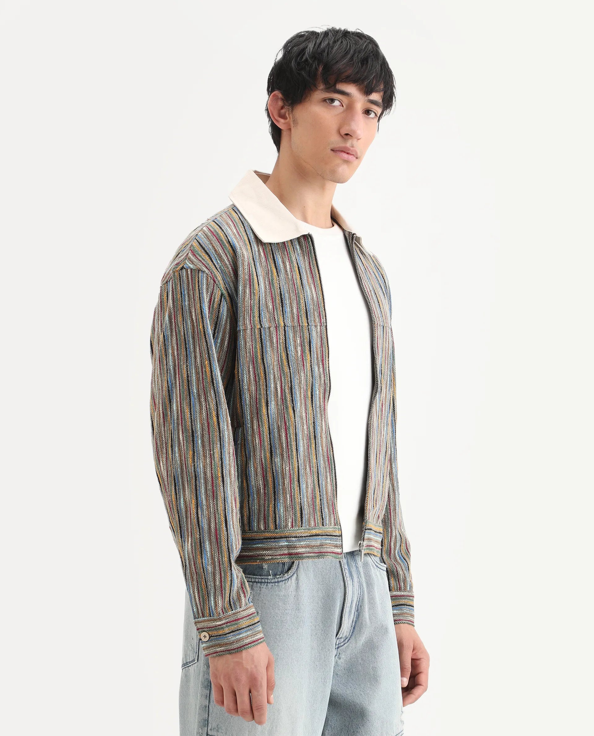 Rare Rabbit Men's Pelden J Light Brown Viscose Blend Striped Print Boxy Fit Full Sleeve Collared Shacket