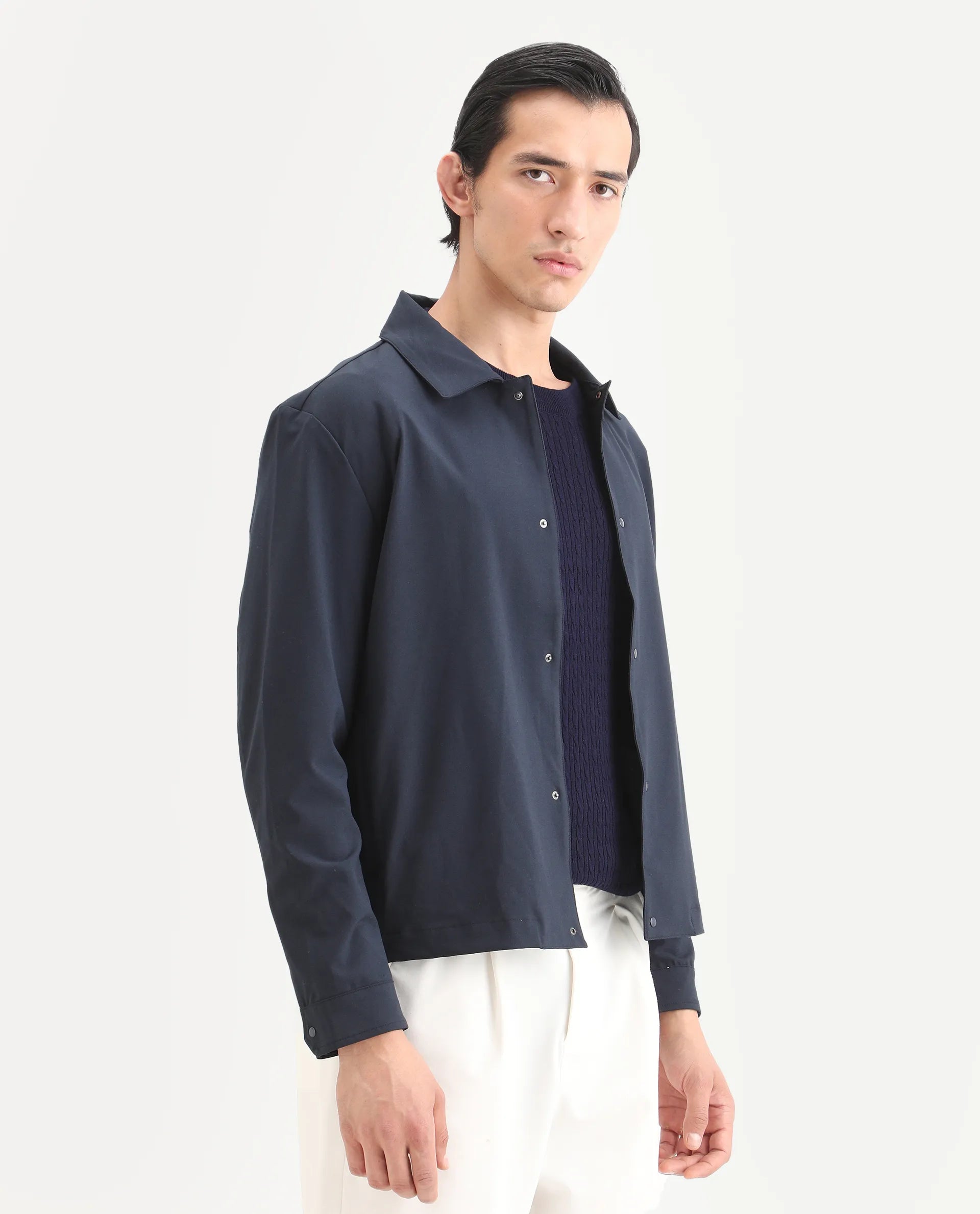 Rare Rabbit Men's Juan Navy Cotton Plain Relaxed Fit Full Sleeve Collared Shacket