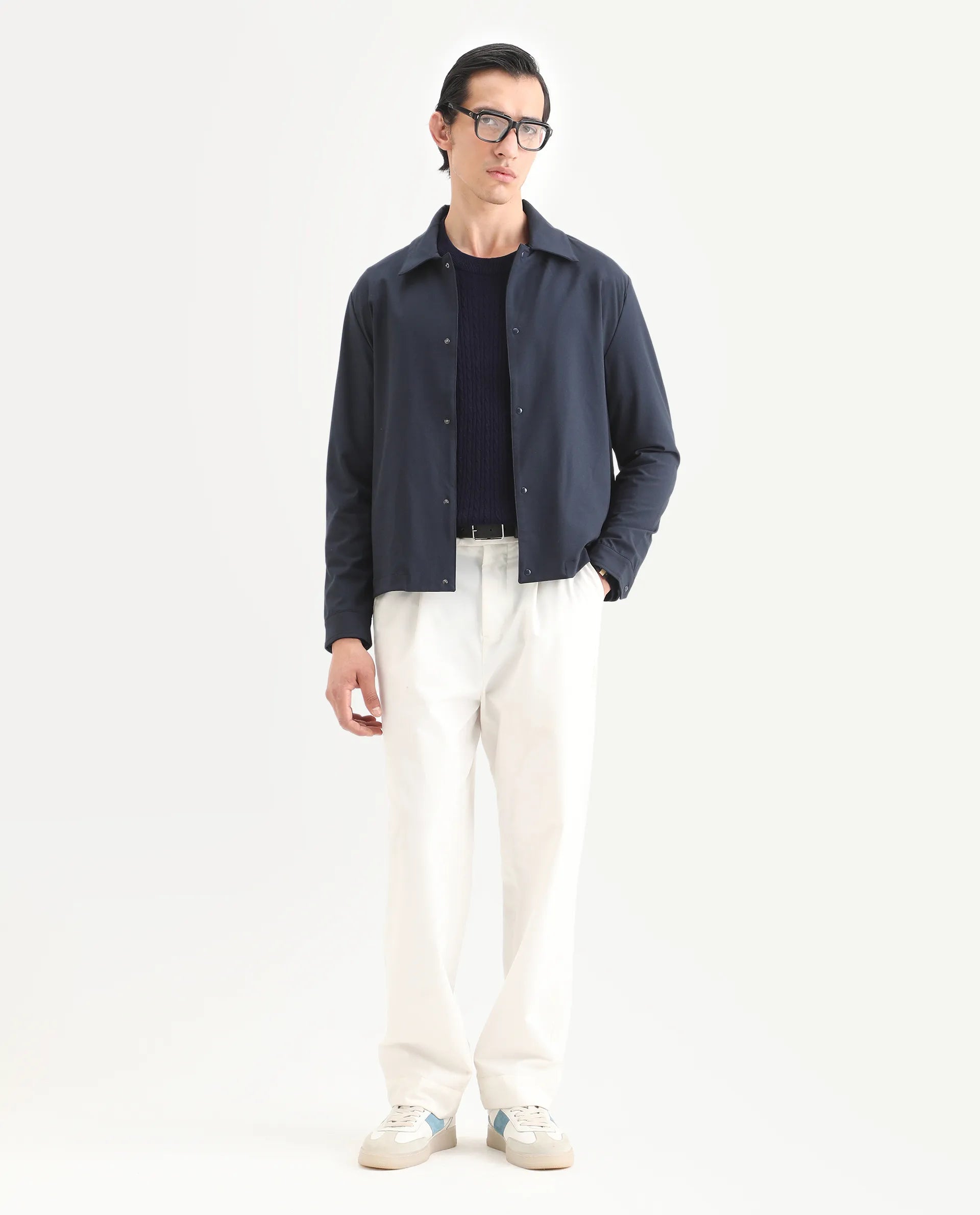 Rare Rabbit Men's Juan Navy Cotton Plain Relaxed Fit Full Sleeve Collared Shacket