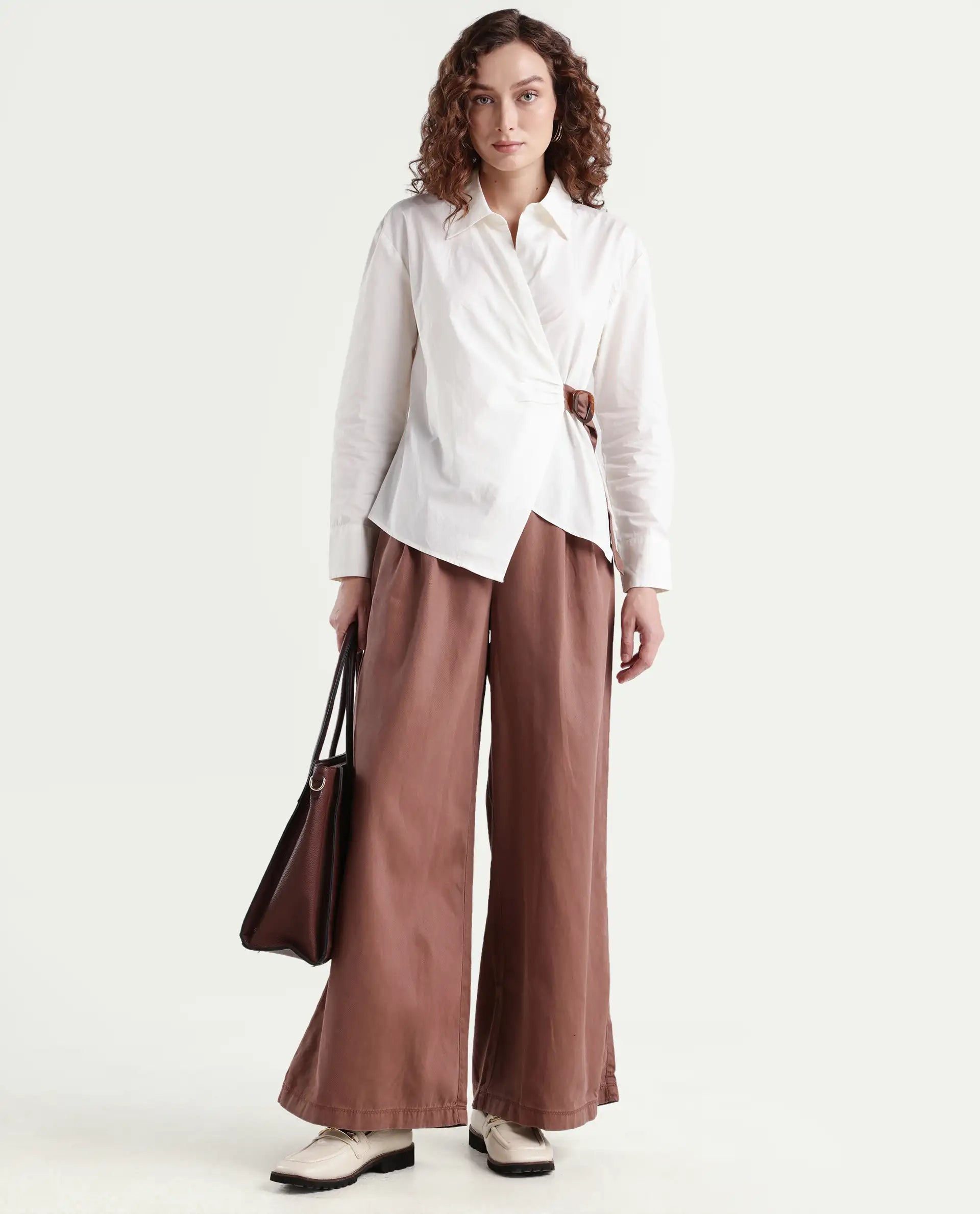 Rareism Women's Bhaleyn-T Off White Cotton Spread Collar Plain Cuffed Sleeve Relaxed Fit Shirt