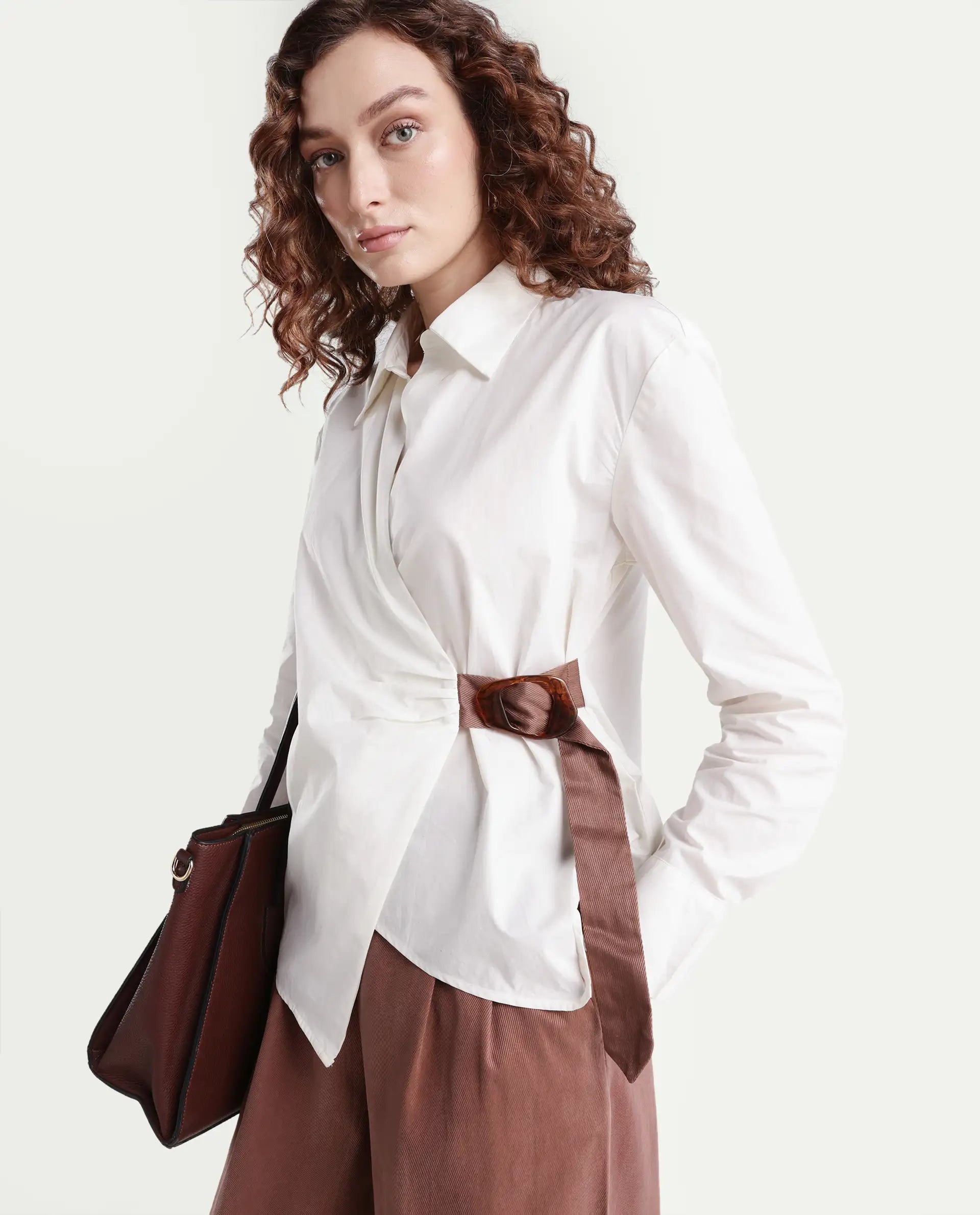 Rareism Women's Bhaleyn-T Off White Cotton Spread Collar Plain Cuffed Sleeve Relaxed Fit Shirt