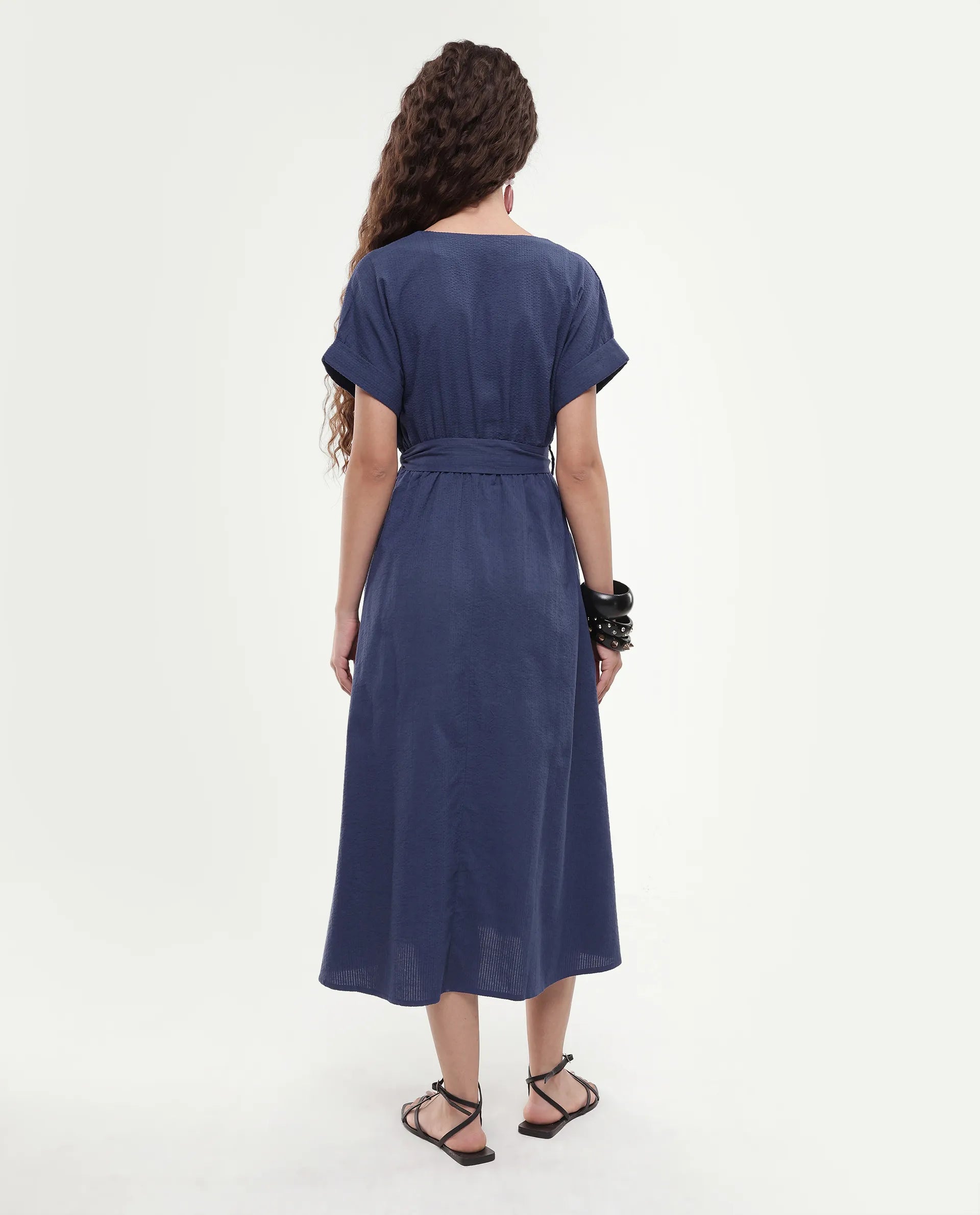 Rareism Women's Bhamin Navy Viscose Overlap Neck Plain Extended Sleeves Midi Fit And Flare Dress