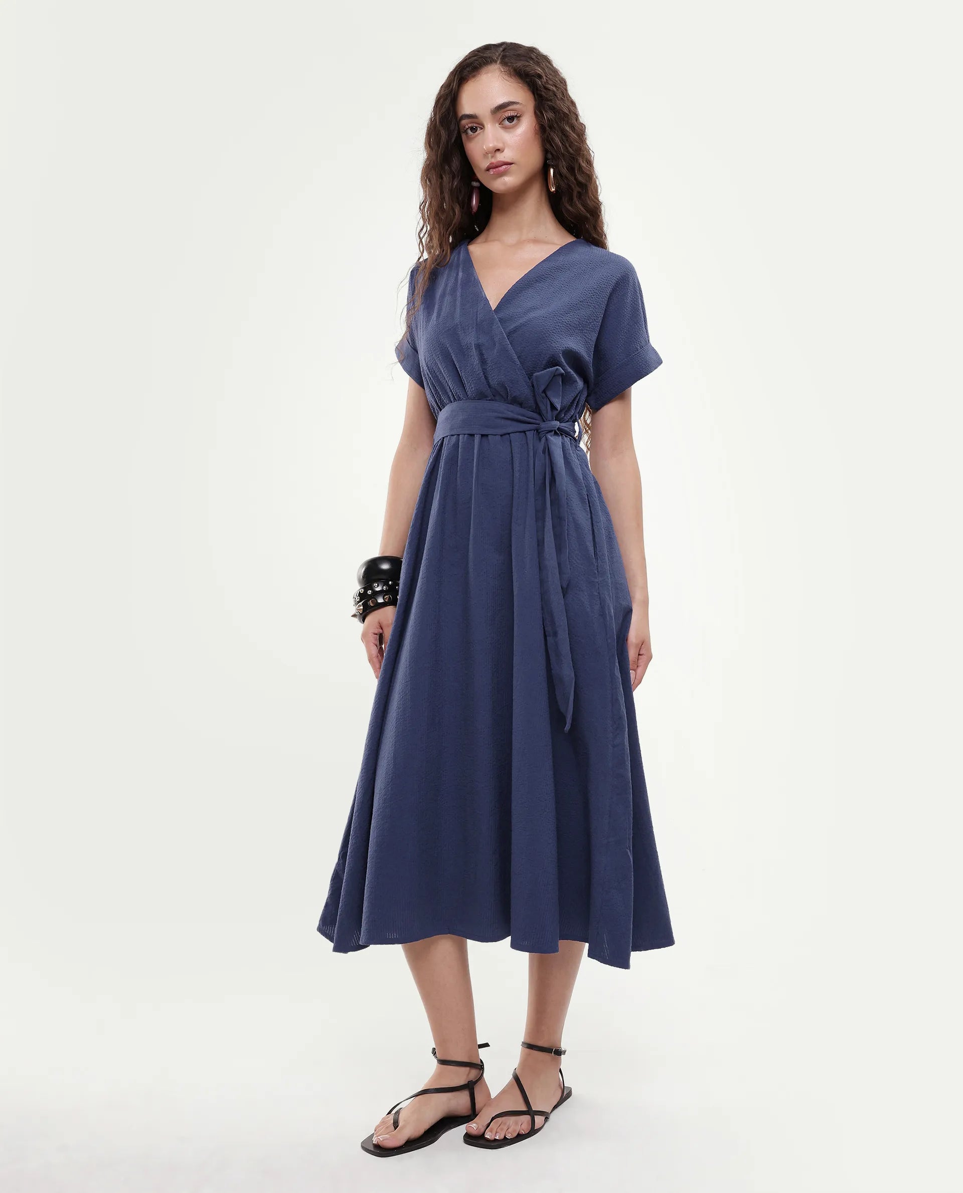 Rareism Women's Bhamin Navy Viscose Overlap Neck Plain Extended Sleeves Midi Fit And Flare Dress
