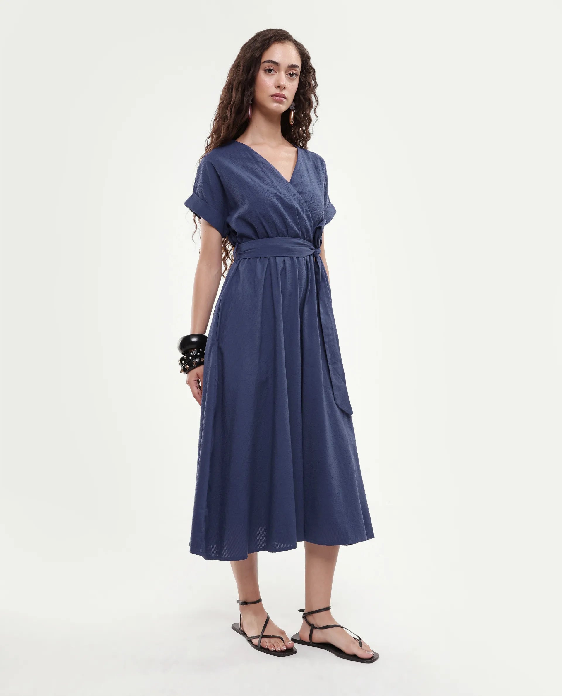 Rareism Women's Bhamin Navy Viscose Overlap Neck Plain Extended Sleeves Midi Fit And Flare Dress