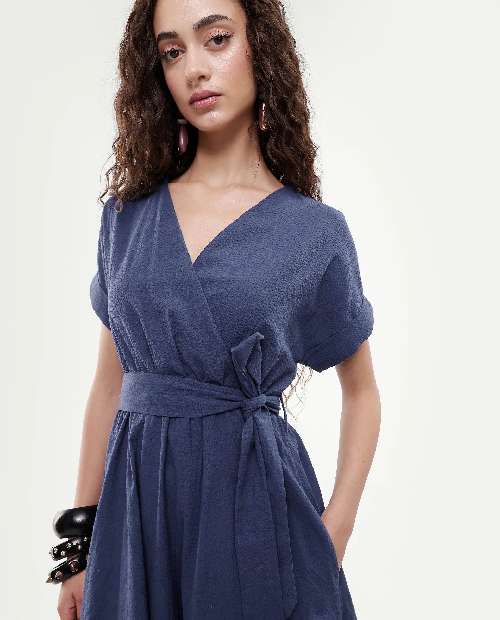 Rareism Women's Bhamin Navy Viscose Overlap Neck Plain Extended Sleeves Midi Fit And Flare Dress