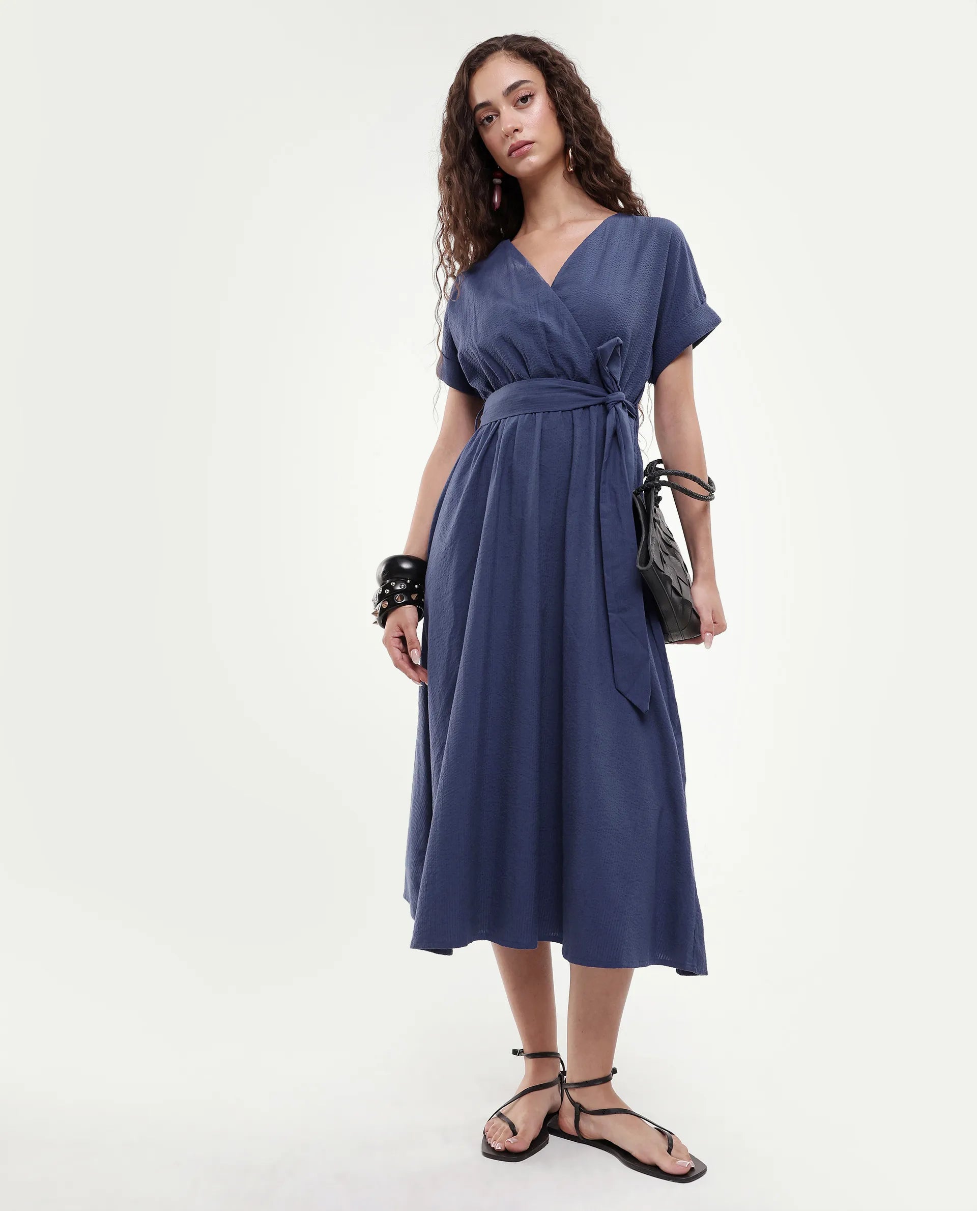Rareism Women's Bhamin Navy Viscose Overlap Neck Plain Extended Sleeves Midi Fit And Flare Dress