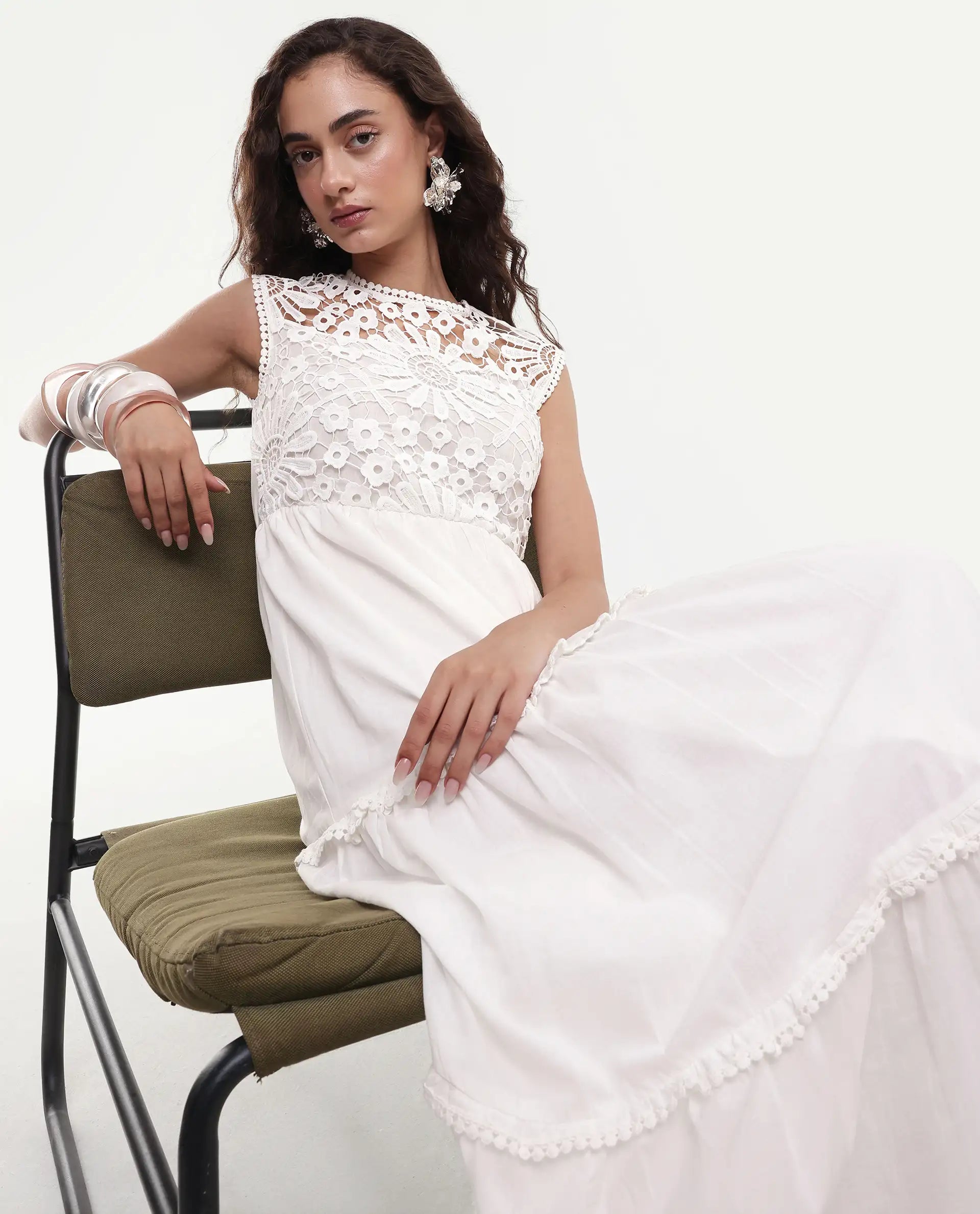 Rareism Women's Bhamona White Cotton Round Neck Plain Sleeveless Maxi Fit And Flare Dress
