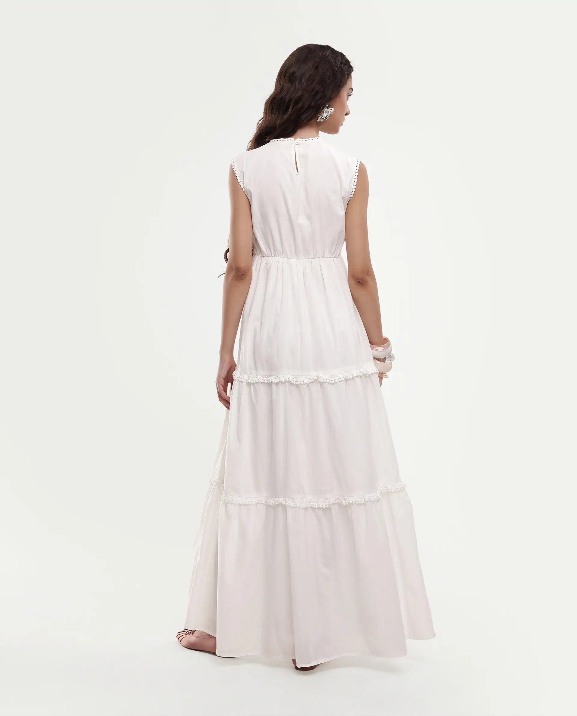 Rareism Women's Bhamona White Cotton Round Neck Plain Sleeveless Maxi Fit And Flare Dress