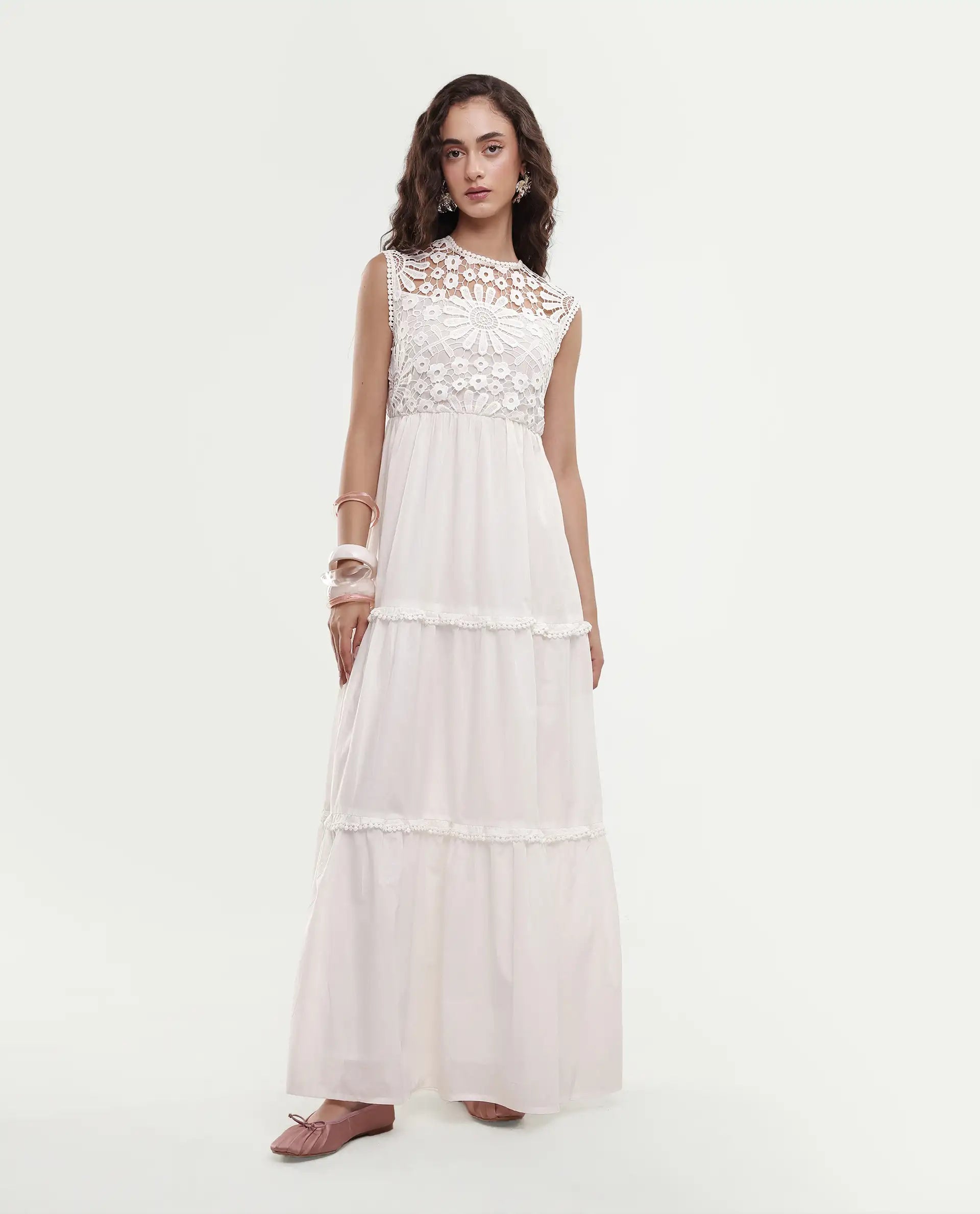 Rareism Women's Bhamona White Cotton Round Neck Plain Sleeveless Maxi Fit And Flare Dress