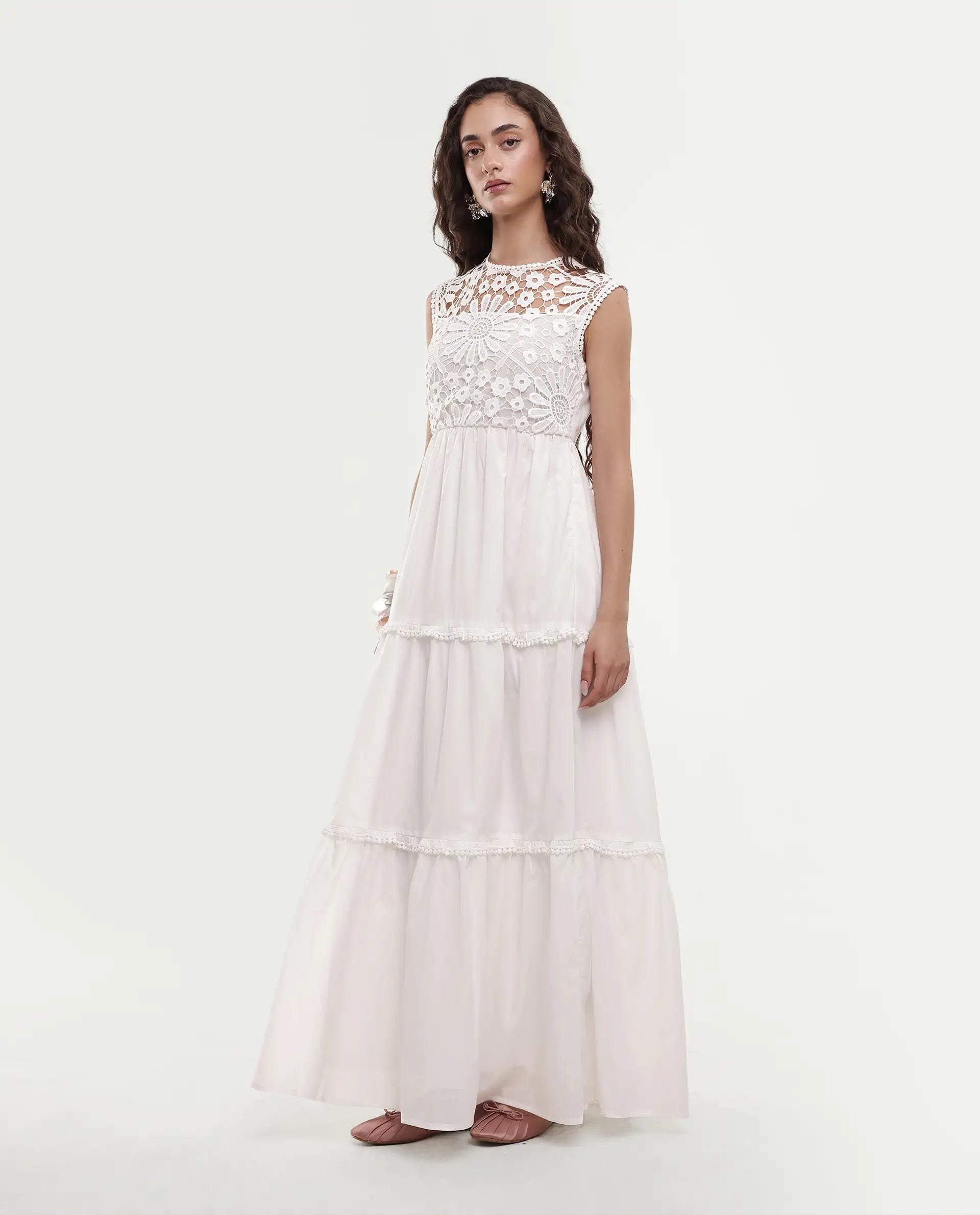 Rareism Women's Bhamona White Cotton Round Neck Plain Sleeveless Maxi Fit And Flare Dress