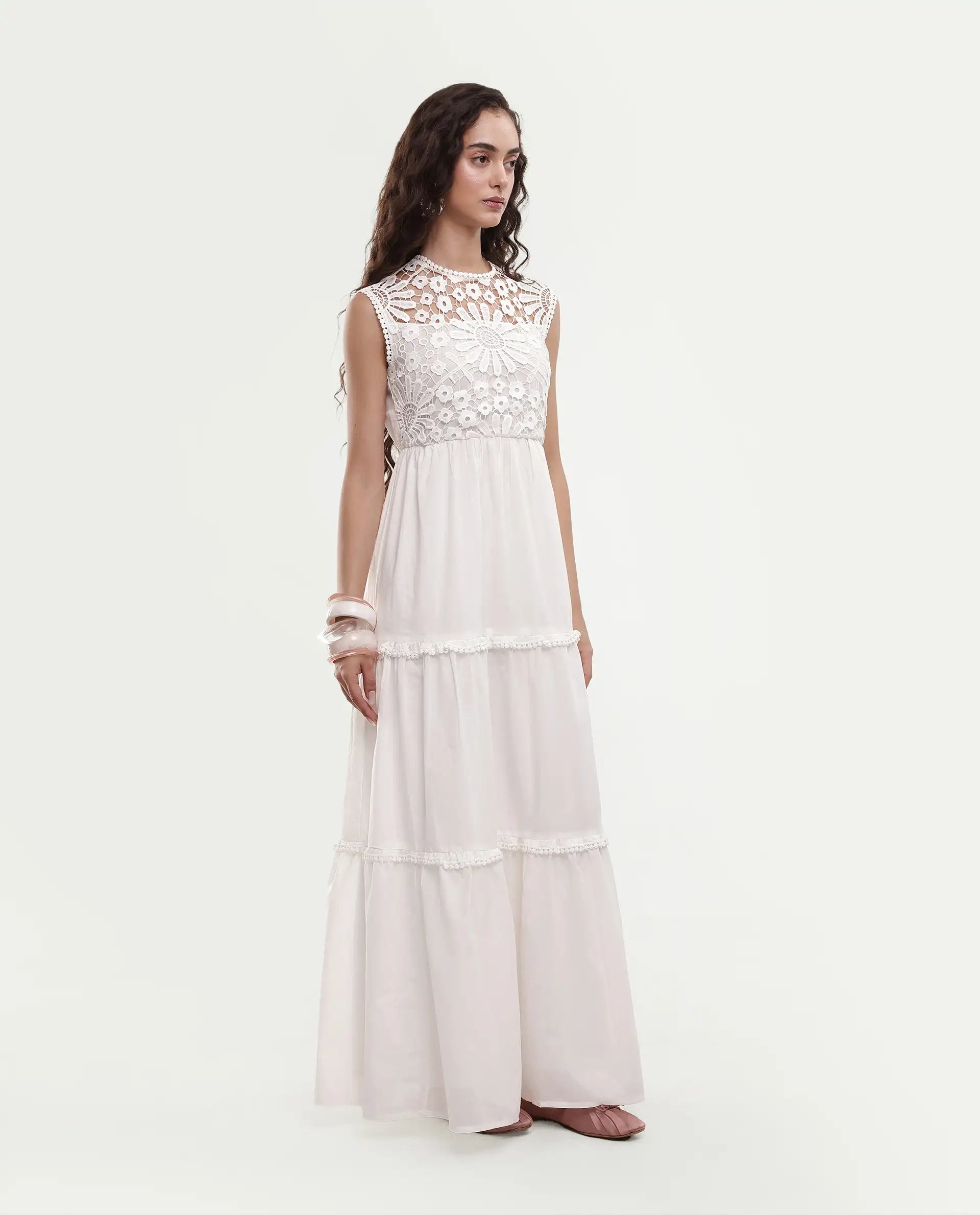 Rareism Women's Bhamona White Cotton Round Neck Plain Sleeveless Maxi Fit And Flare Dress