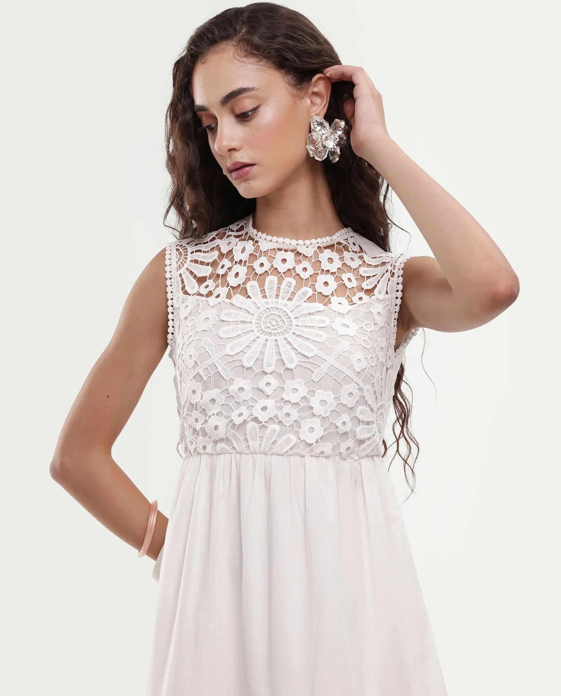 Rareism Women's Bhamona White Cotton Round Neck Plain Sleeveless Maxi Fit And Flare Dress