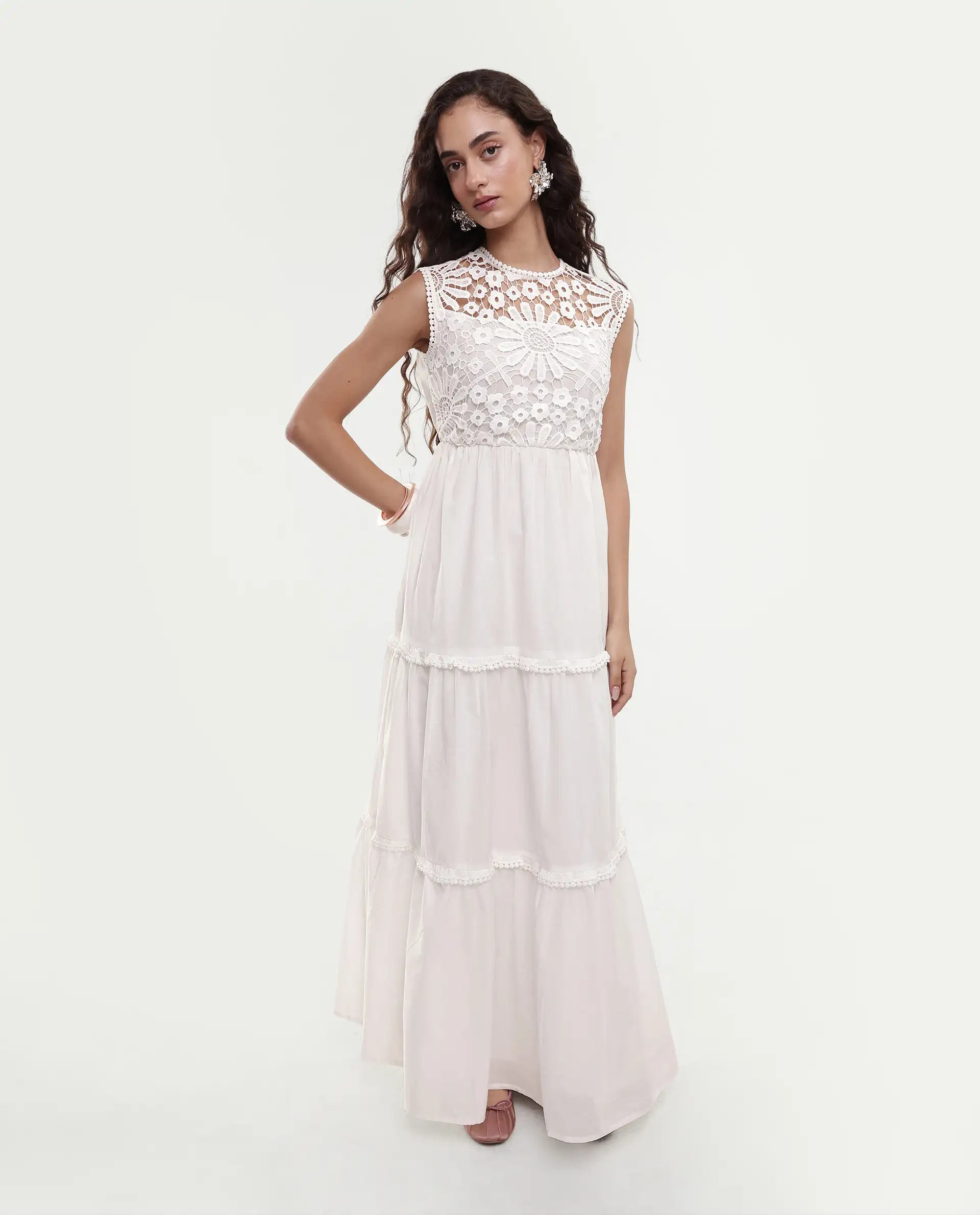 Rareism Women's Bhamona White Cotton Round Neck Plain Sleeveless Maxi Fit And Flare Dress