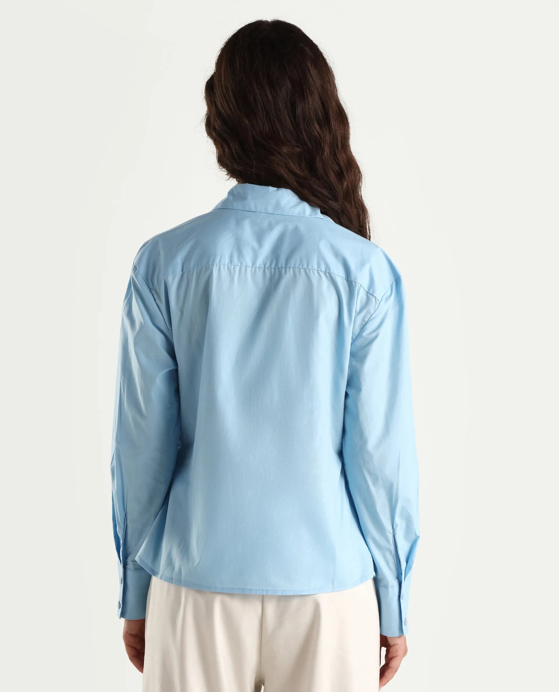 Rareism Women's Bhanella T Blue Cotton Spread Collar Plain Cuffed Sleeve Relaxed Fit Shirt