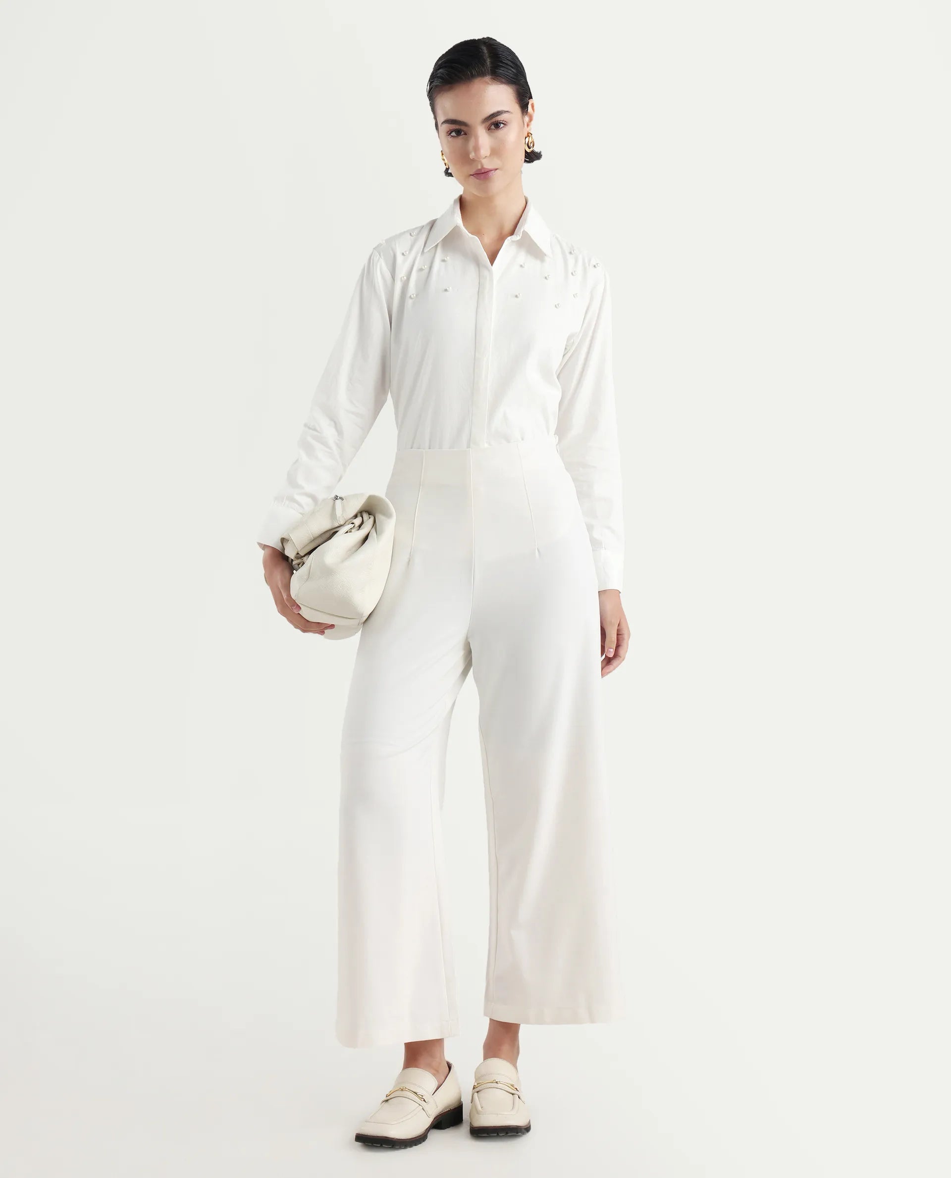 Rareism Women's Bhanik White Cotton Spread Collar Plain Cuffed Sleeve Regular Fit Shirt