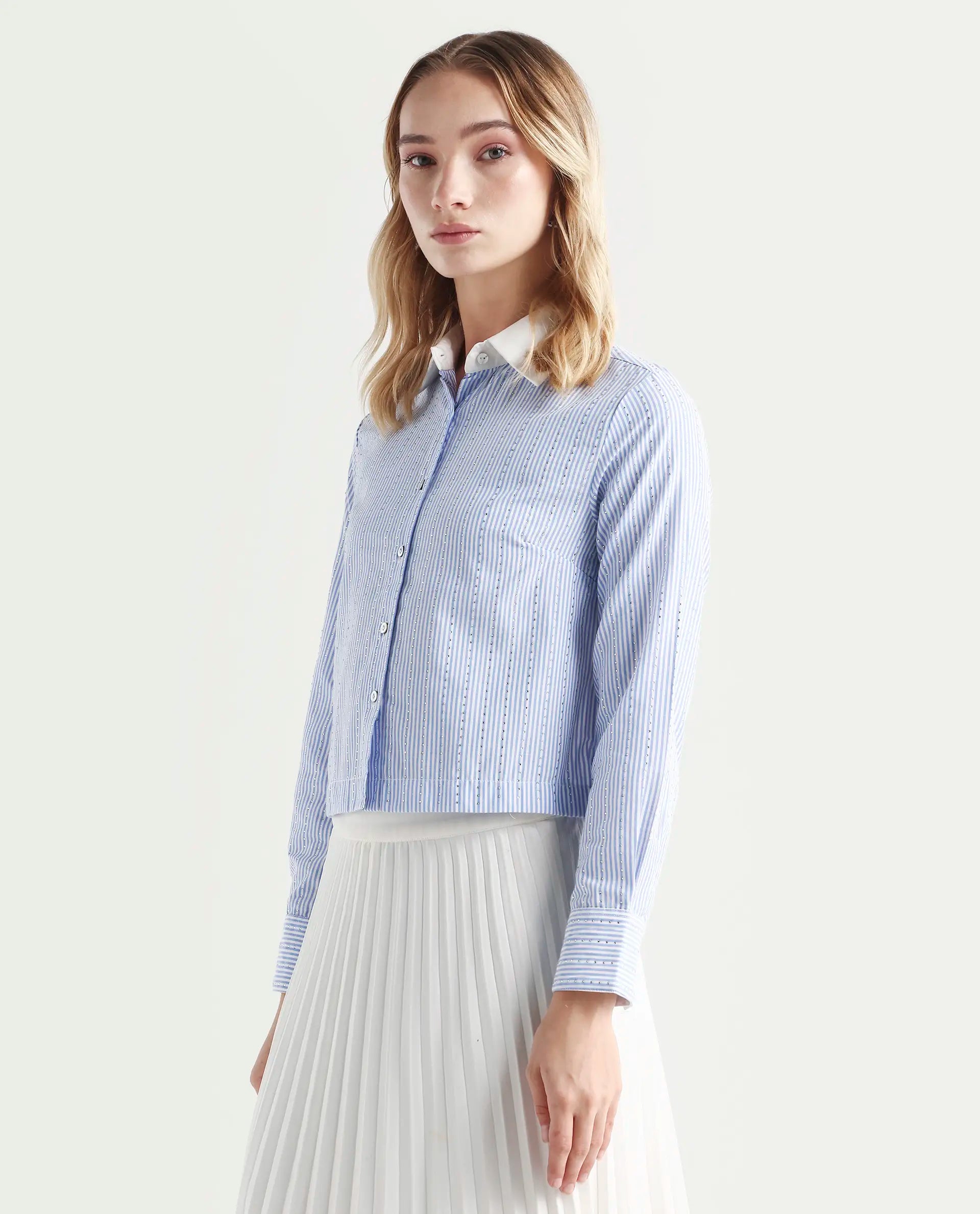 Rareism Women's Bharli Light Blue Cotton Spread Collar Striped Cuffed Sleeve Crop Regular Fit Shirt