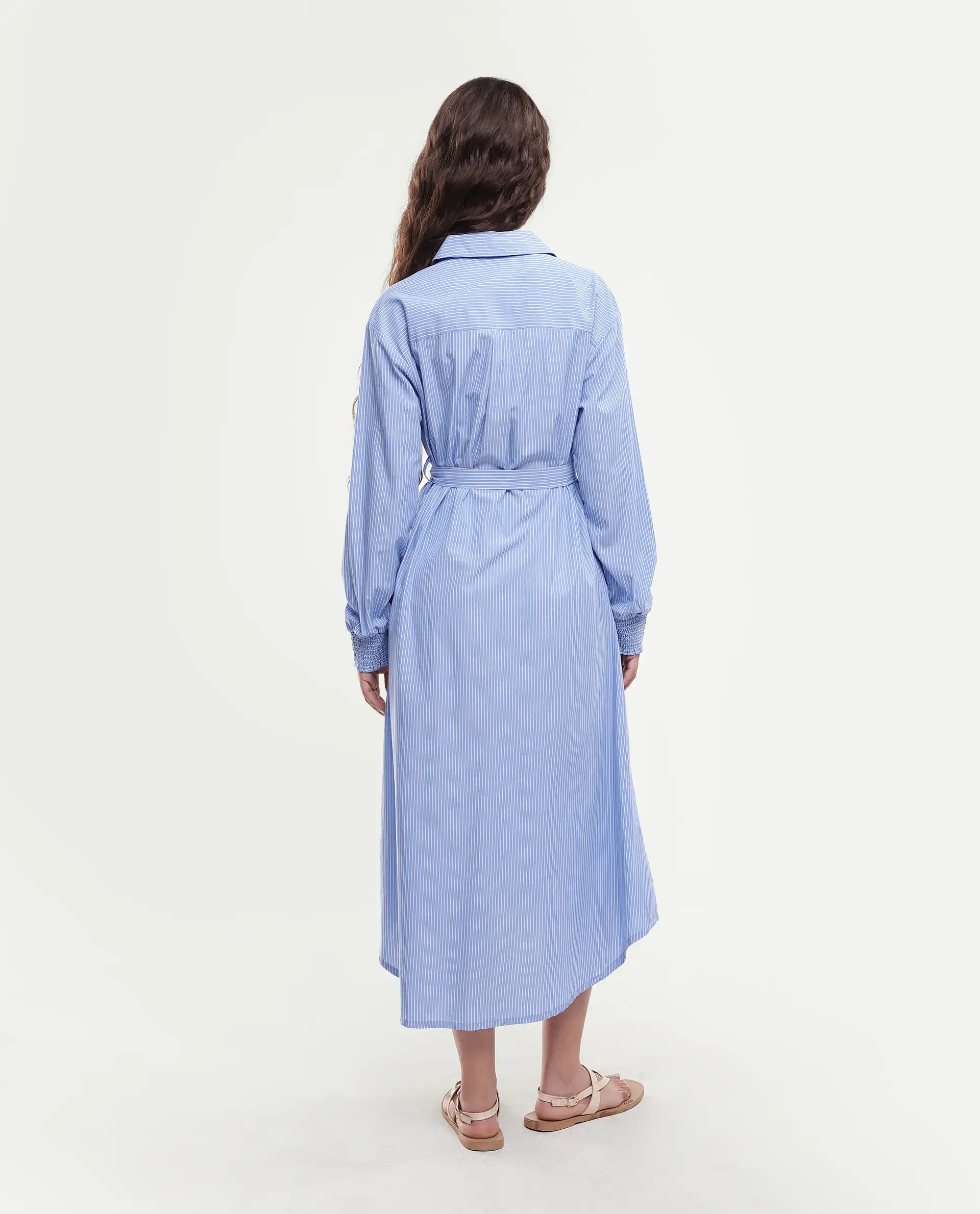 Rareism Women's Bharon Light Blue Cotton Spread Collar Striped Cuffed Sleeve Midi Straight Fit Dress