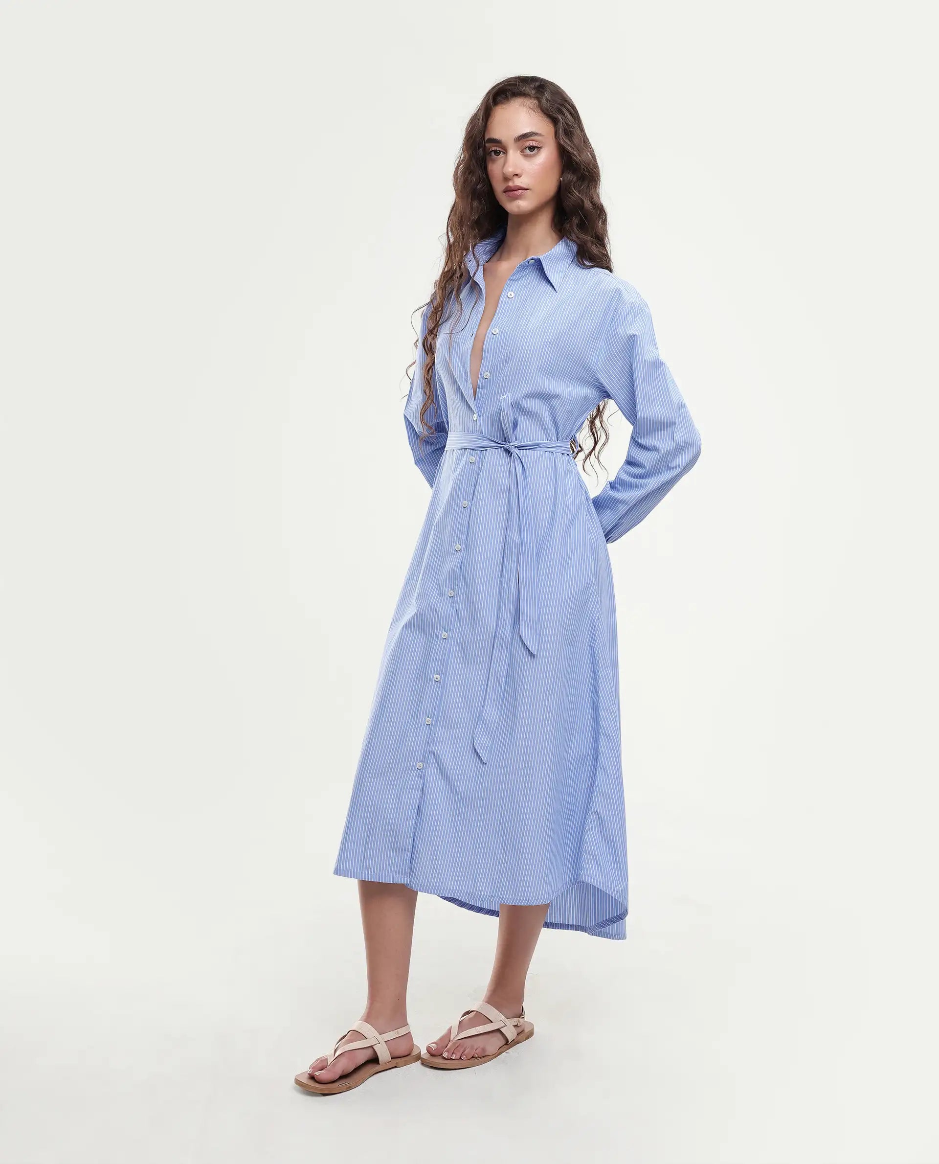 Rareism Women's Bharon Light Blue Cotton Spread Collar Striped Cuffed Sleeve Midi Straight Fit Dress