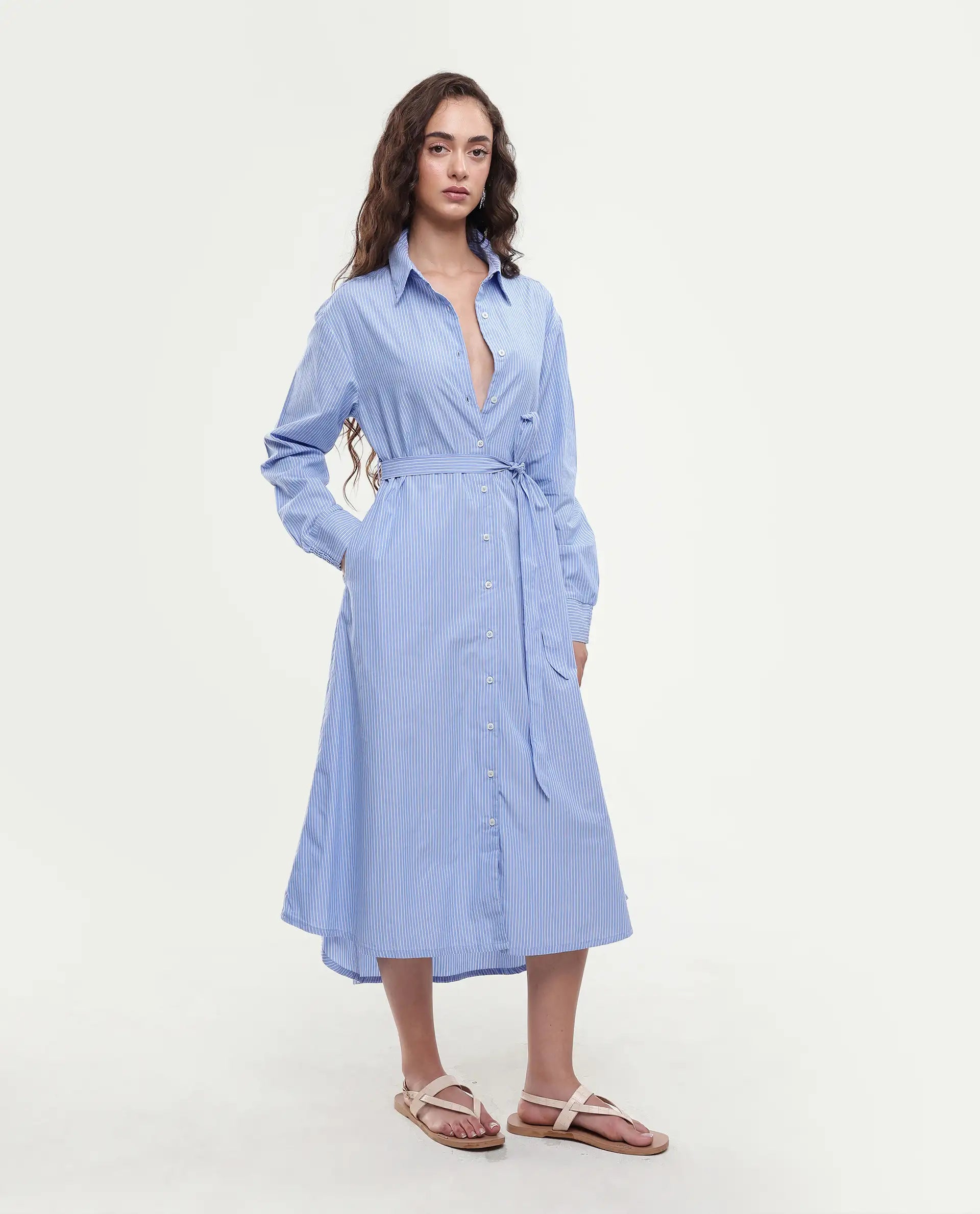 Rareism Women's Bharon Light Blue Cotton Spread Collar Striped Cuffed Sleeve Midi Straight Fit Dress