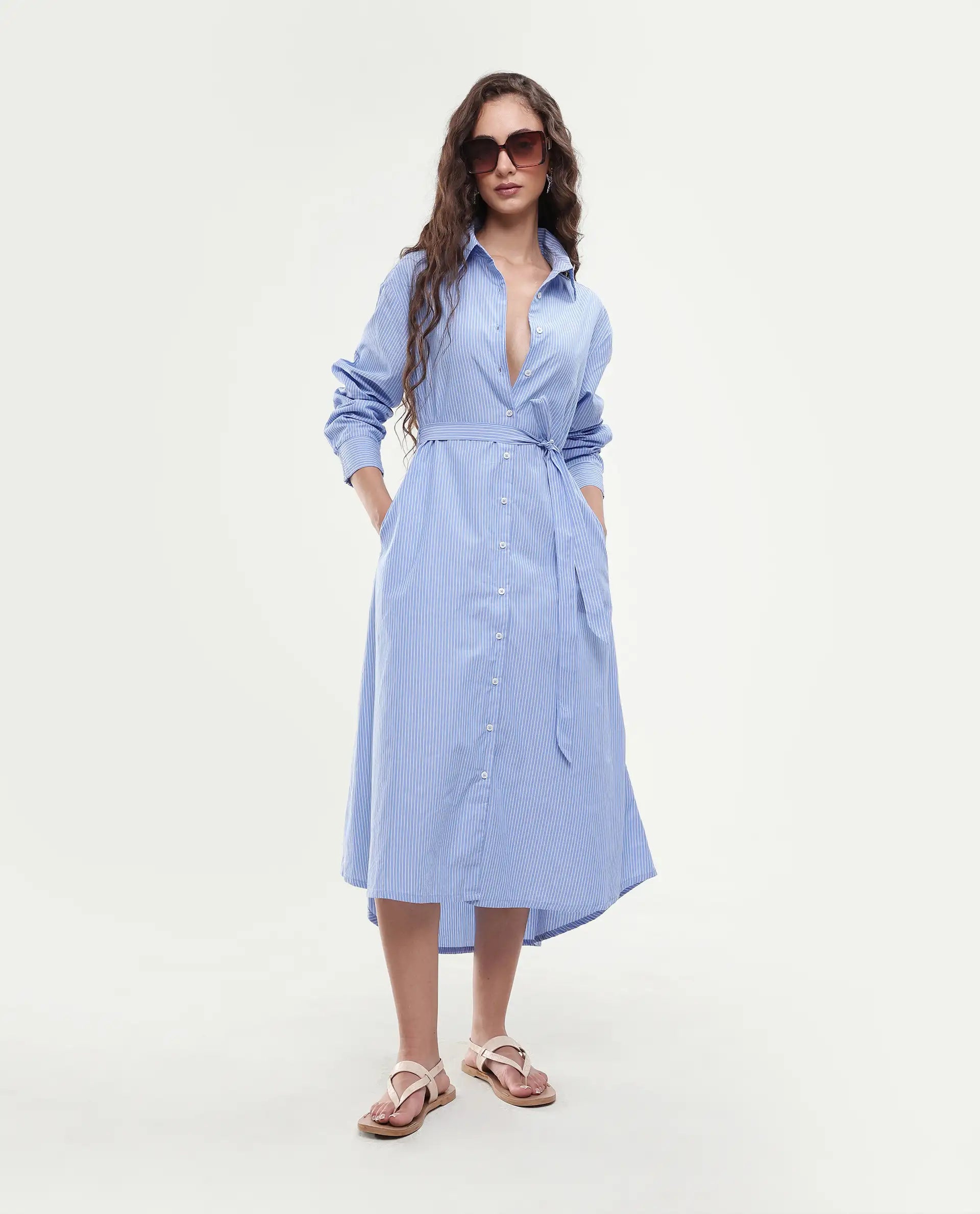 Rareism Women's Bharon Light Blue Cotton Spread Collar Striped Cuffed Sleeve Midi Straight Fit Dress
