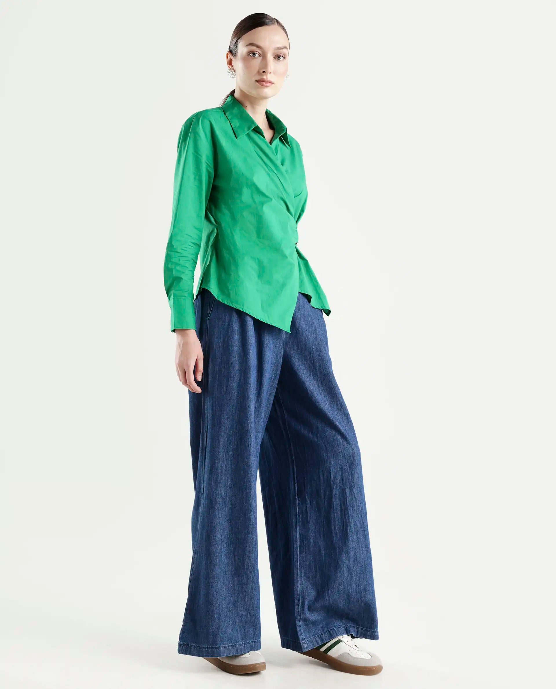 Rareism Women's Bhashio B Dark Blue Polyester Plain Ankle Length Flared Trouser