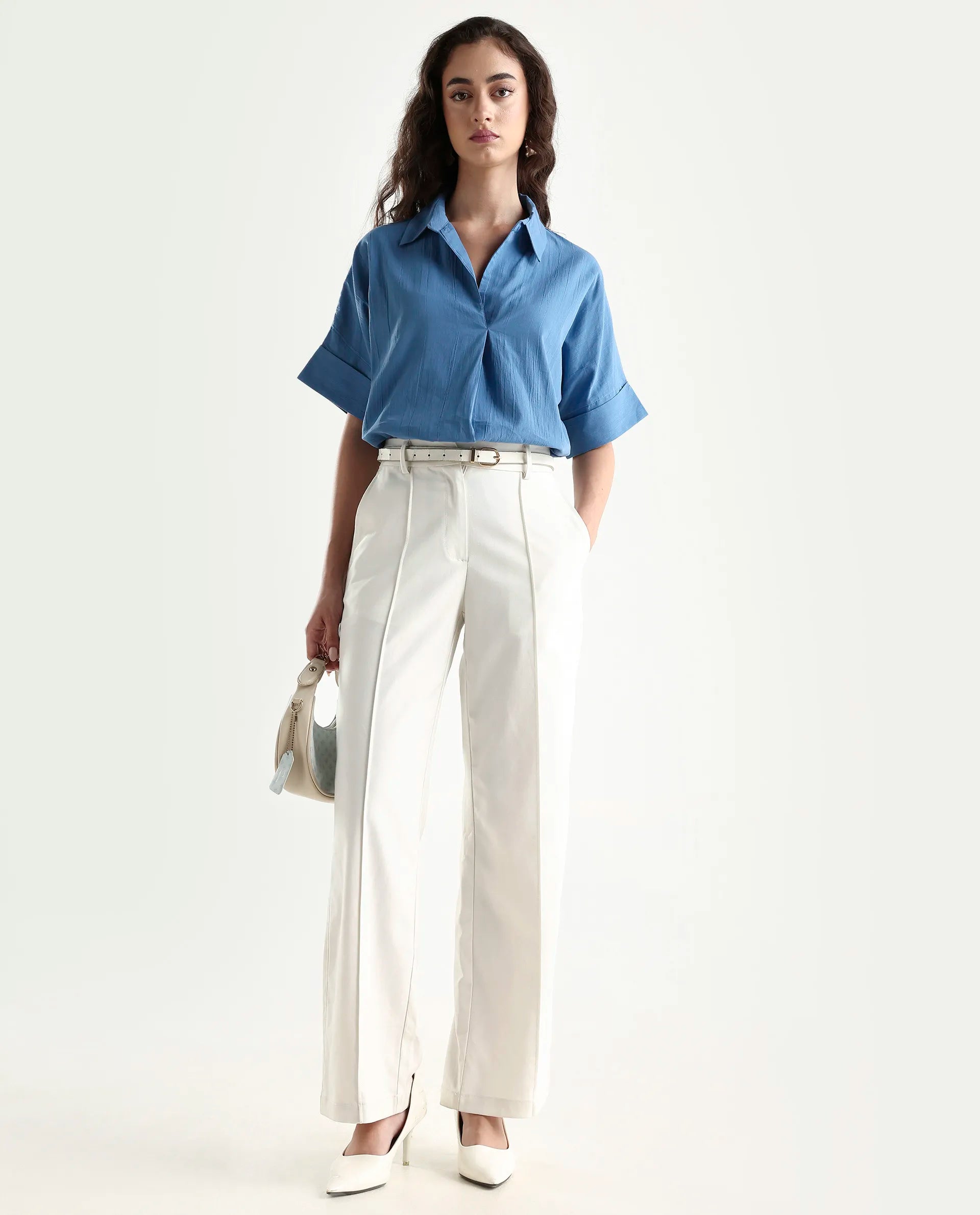 Rareism Women's Bhayas Blue Cotton Johnny Collar Plain Extended Sleeves Boxy Fit Top