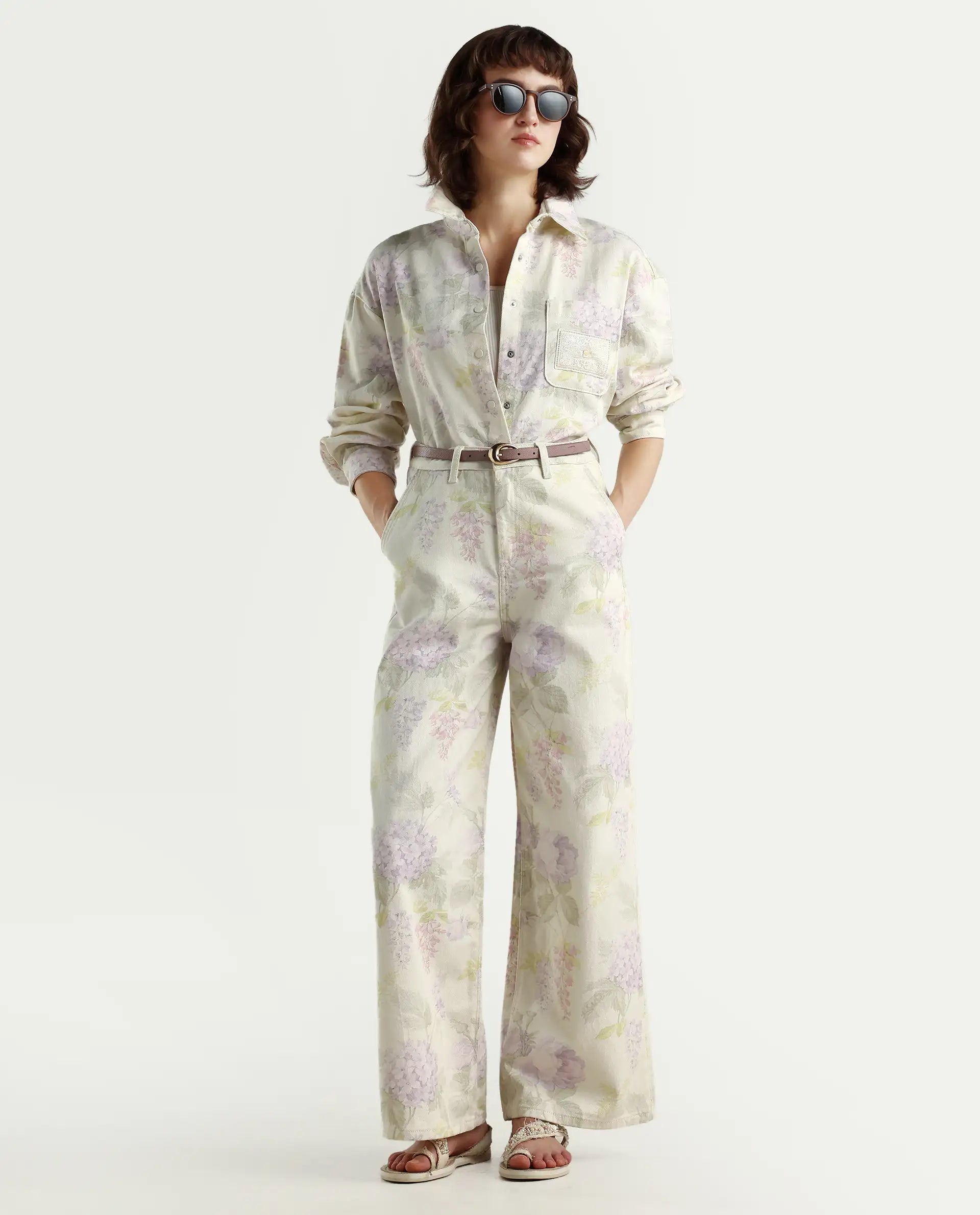 Rareism Women's Prebin-B Multi Cotton Floral Print Ankle Length Wide Trouser