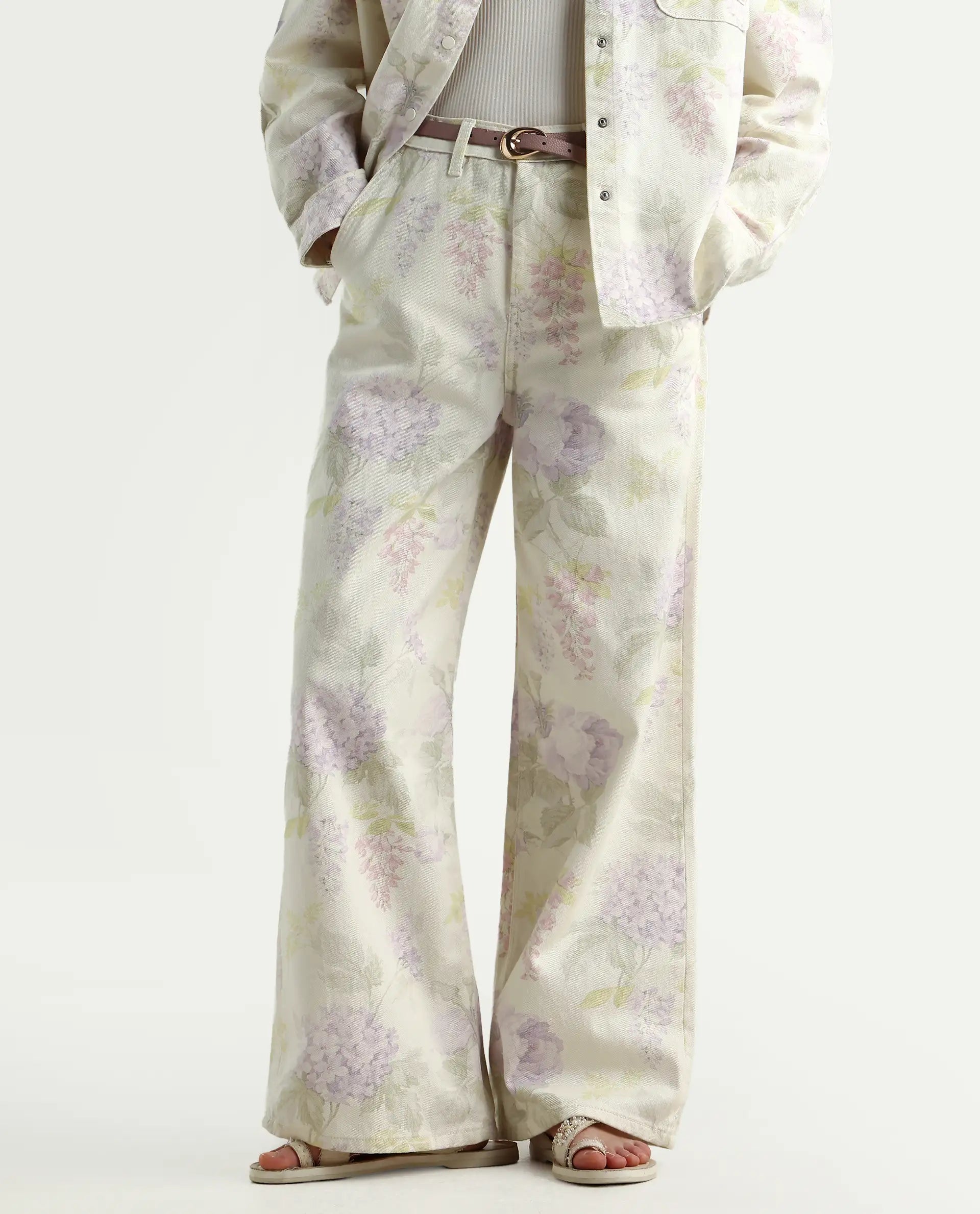 Rareism Women's Prebin-B Multi Cotton Floral Print Ankle Length Wide Trouser