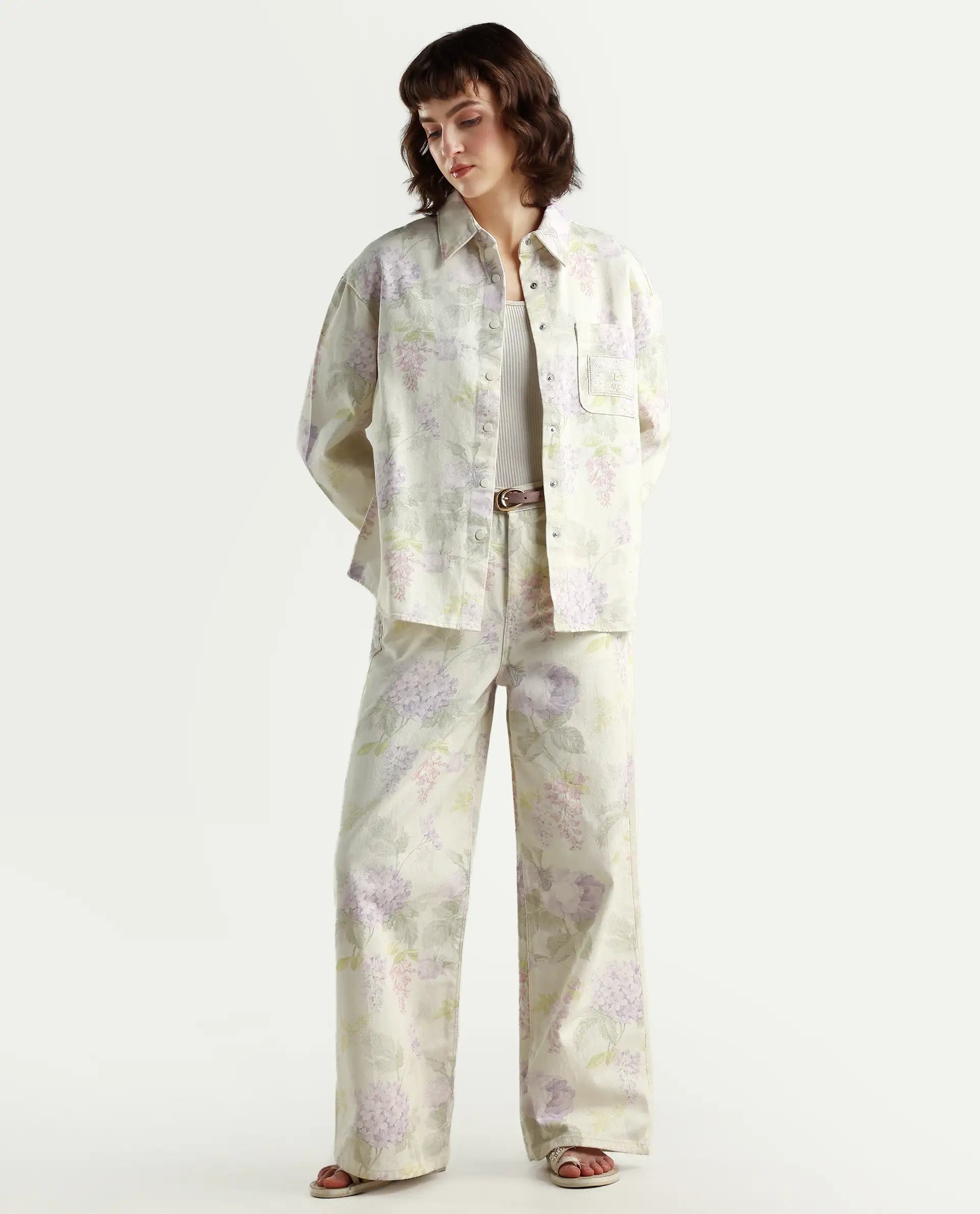 Rareism Women's Prebin-B Multi Cotton Floral Print Ankle Length Wide Trouser