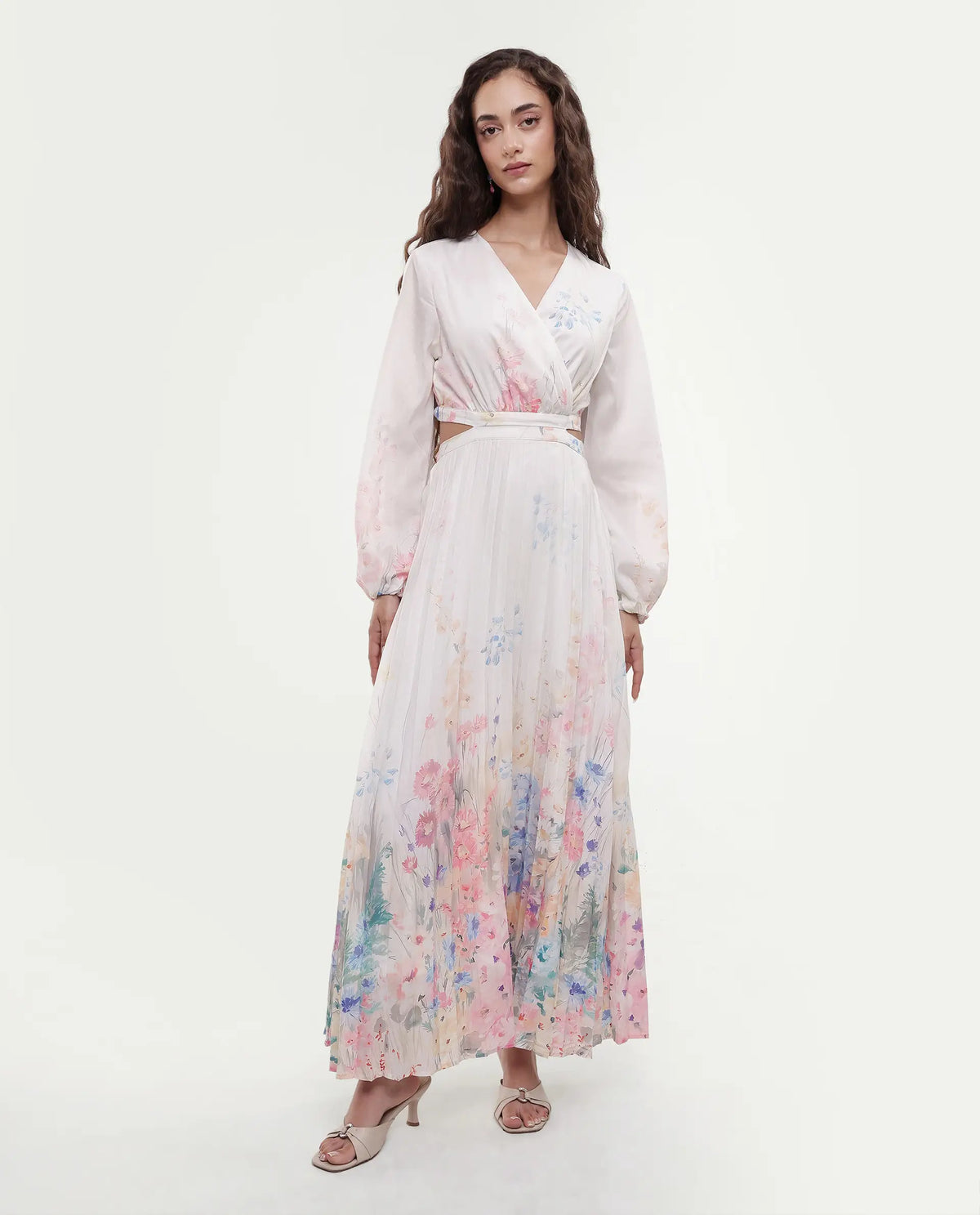 Rareism Women's Preger Multi Polyester V-Neck Floral Print Midi Fit And Flare Dress