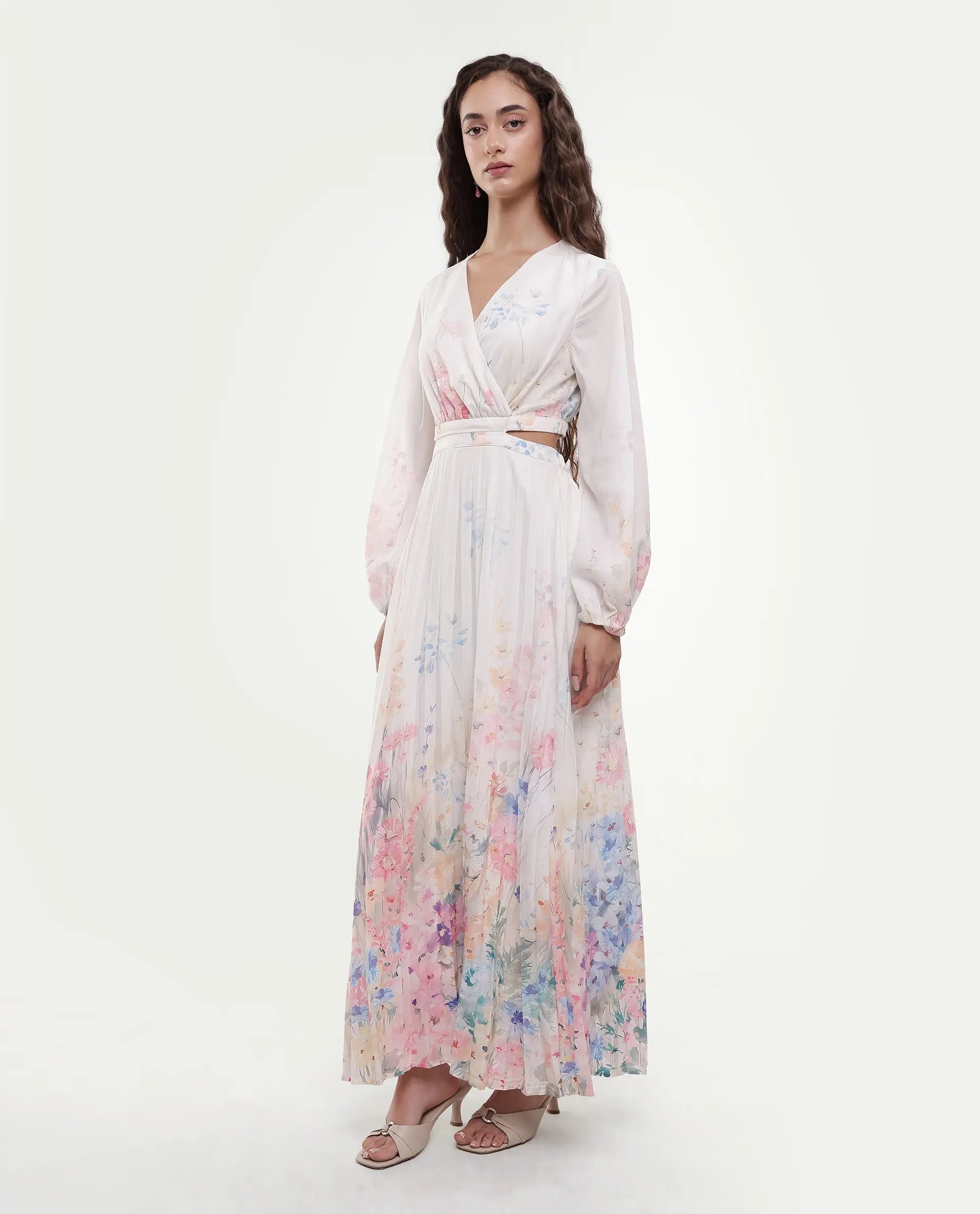 Rareism Women's Preger Multi Polyester V-Neck Floral Print Midi Fit And Flare Dress