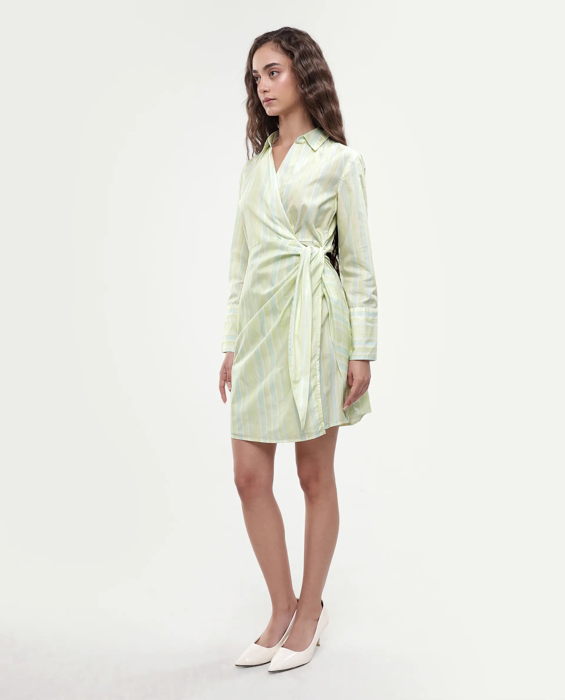 Rareism Women's Pregun Multi Cotton Johnny Collar Striped Mini Straight Fit Dress